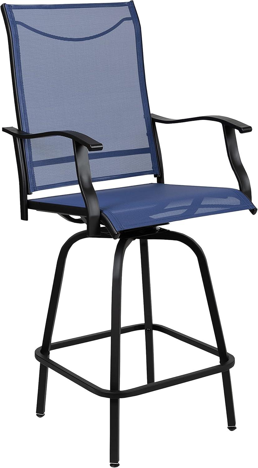 imageFlash Furniture Valerie AllWeather Swivel Patio Barstools with Footrest and Armrests Modern Sling Outdoor Bar Height Stools Set of 2 NavyNavy