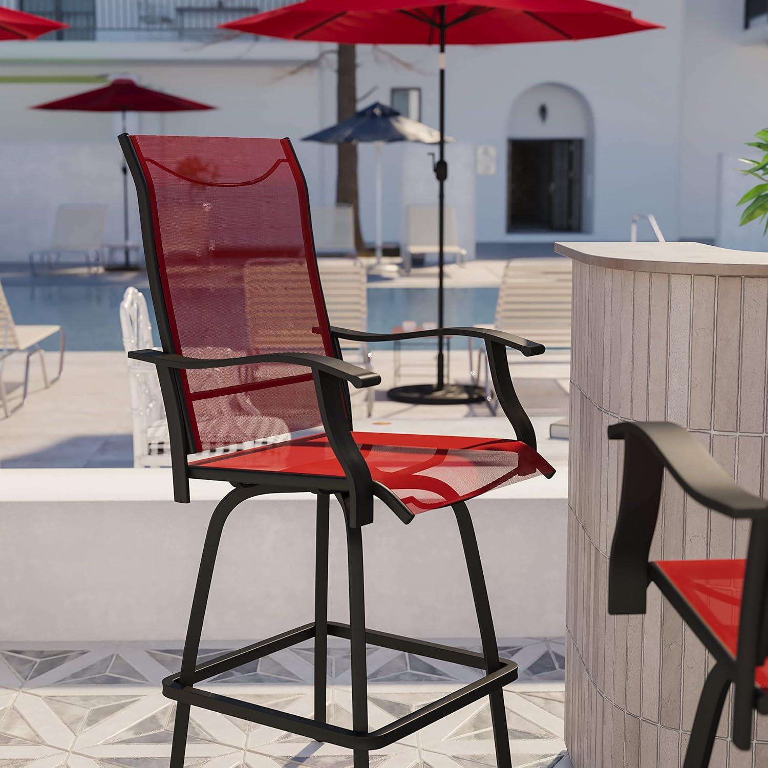 imageFlash Furniture Valerie AllWeather Swivel Patio Barstools with Footrest and Armrests Modern Sling Outdoor Bar Height Stools Set of 2 NavyRed