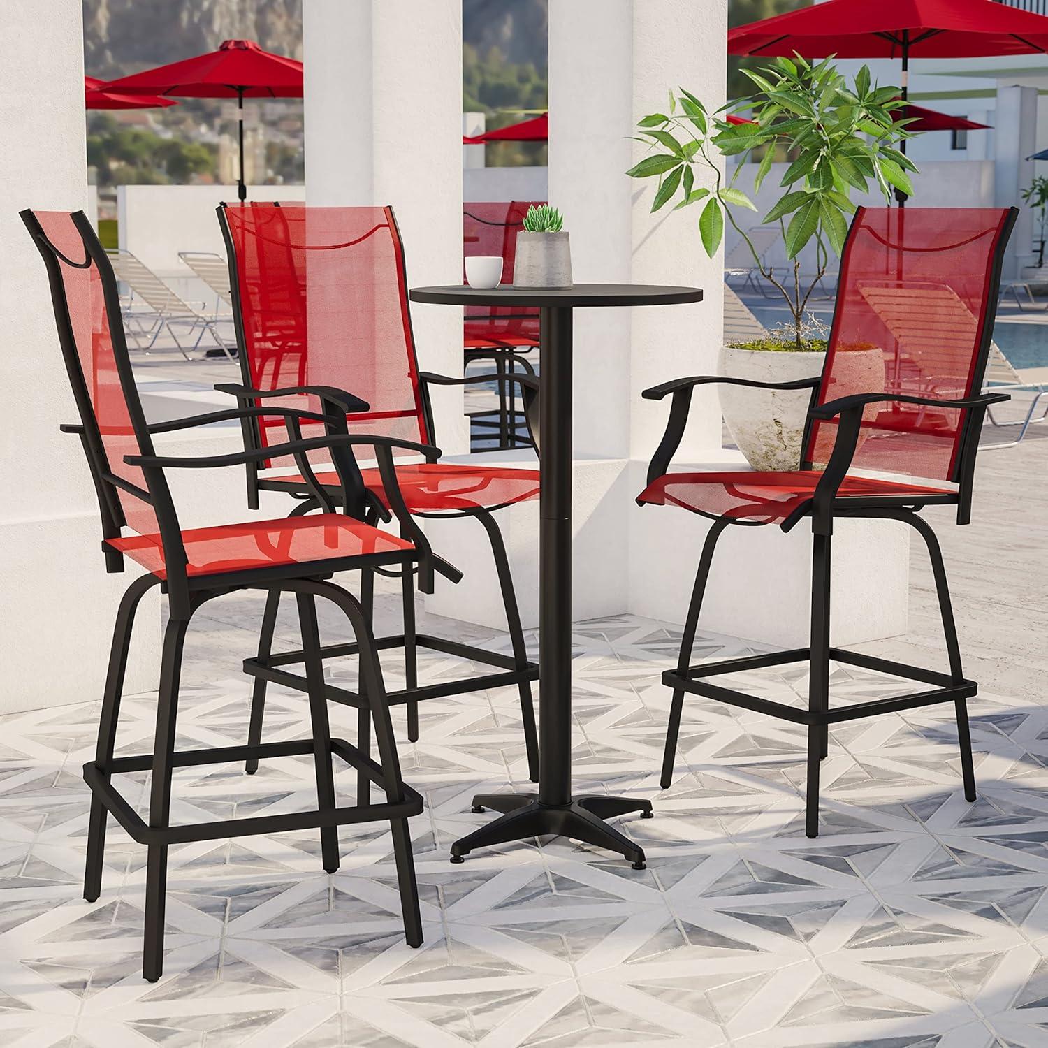imageFlash Furniture Valerie AllWeather Swivel Patio Barstools with Footrest and Armrests Modern Sling Outdoor Bar Height Stools Set of 2 NavyRed