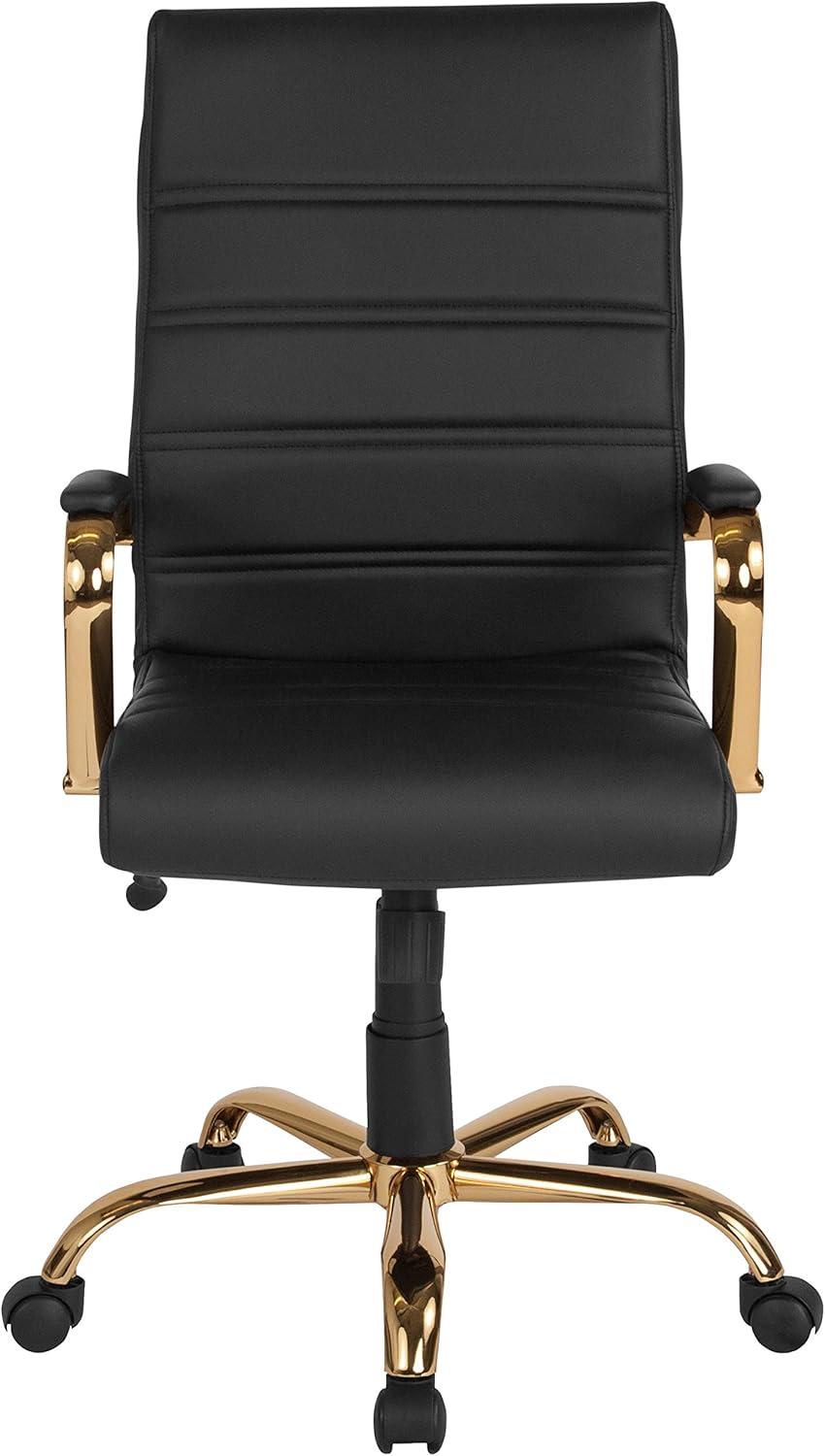 imageFlash Furniture Whitney HighBack Swivel LeatherSoft Desk Chair with Padded Seat and Armrests Adjustable Height Padded Office Chair BlackGoldBlack LeathersoftGold Frame