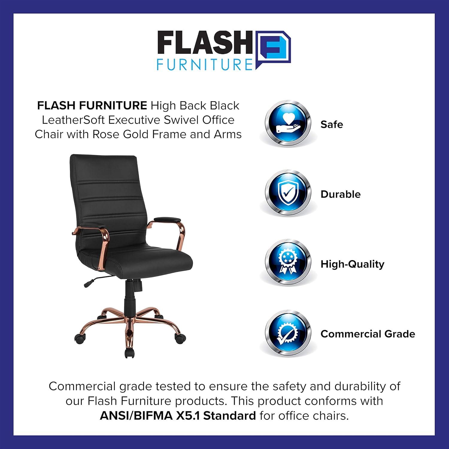 imageFlash Furniture Whitney HighBack Swivel LeatherSoft Desk Chair with Padded Seat and Armrests Adjustable Height Padded Office Chair BlackGoldBlack LeathersoftRose Gold Frame