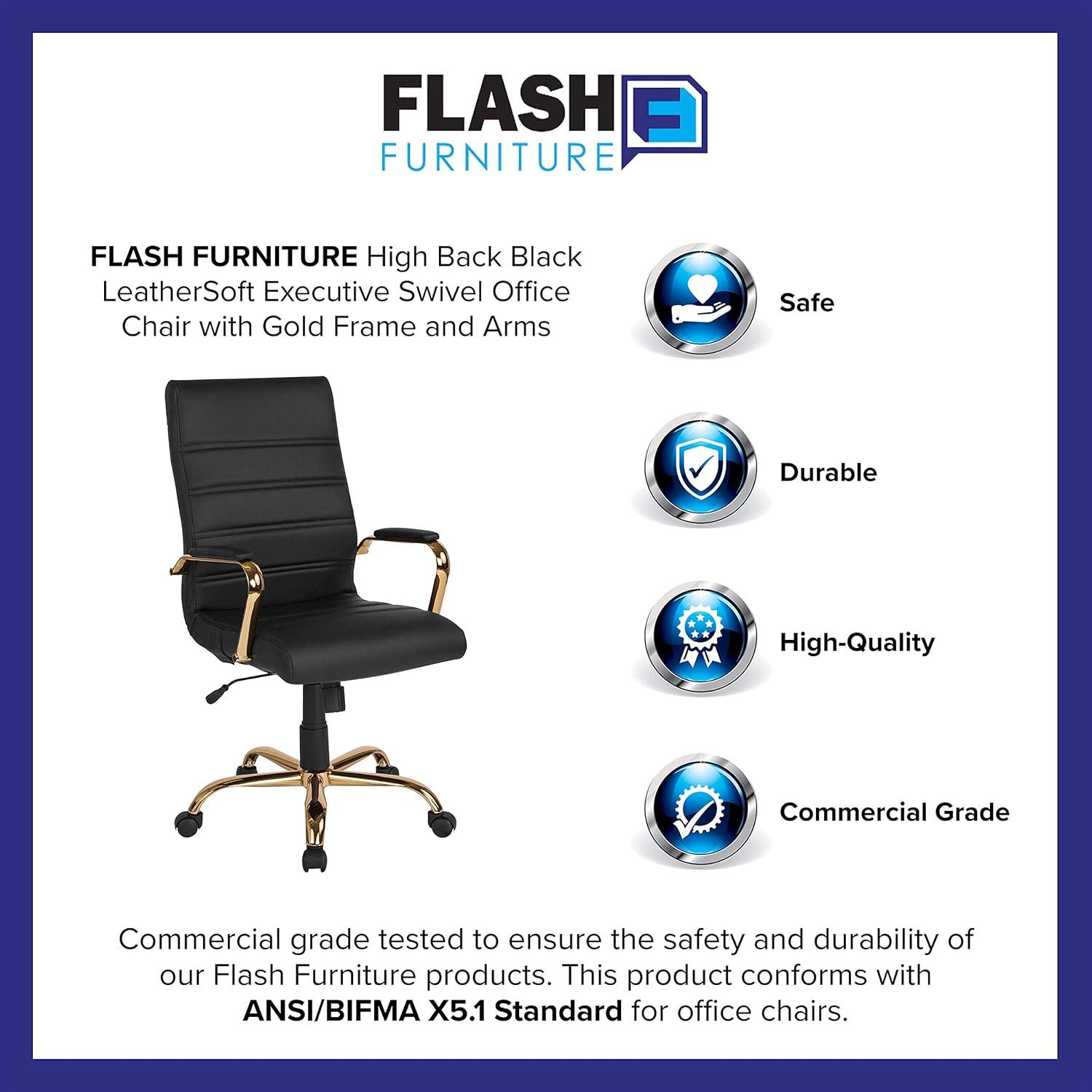 imageFlash Furniture Whitney HighBack Swivel LeatherSoft Desk Chair with Padded Seat and Armrests Adjustable Height Padded Office Chair BlackGoldBlack LeathersoftGold Frame
