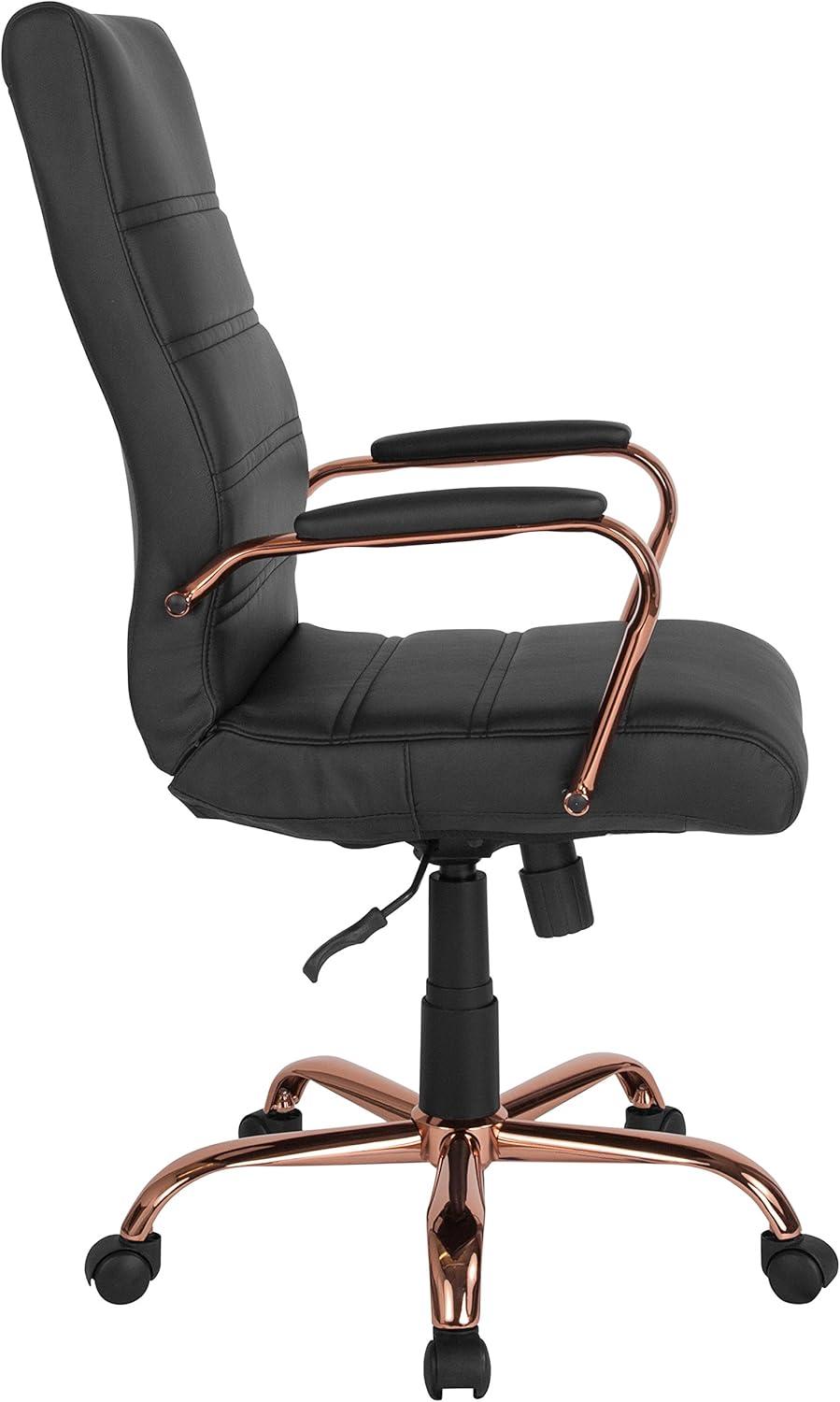 imageFlash Furniture Whitney HighBack Swivel LeatherSoft Desk Chair with Padded Seat and Armrests Adjustable Height Padded Office Chair BlackGoldBlack LeathersoftRose Gold Frame
