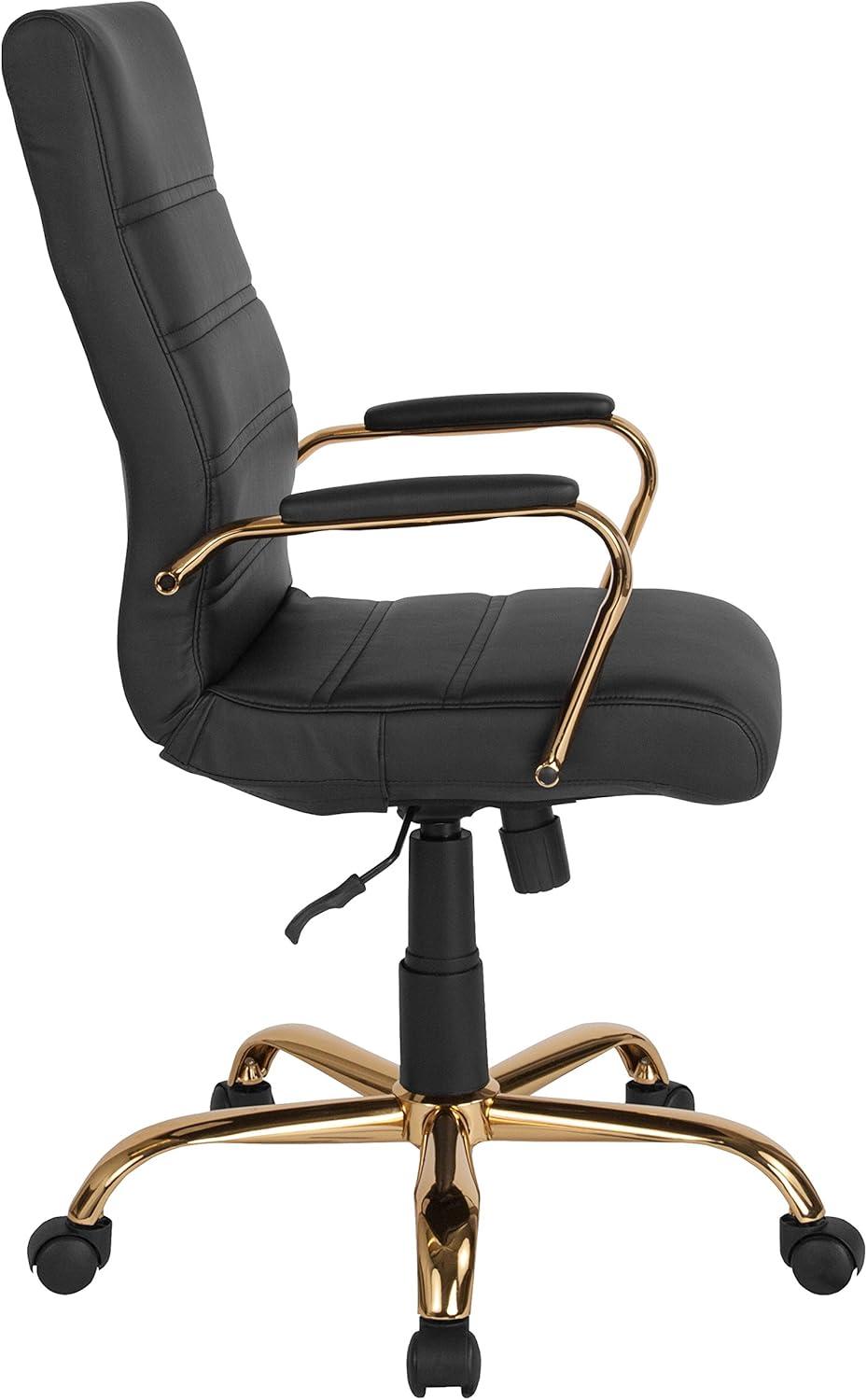imageFlash Furniture Whitney HighBack Swivel LeatherSoft Desk Chair with Padded Seat and Armrests Adjustable Height Padded Office Chair BlackGoldBlack LeathersoftGold Frame