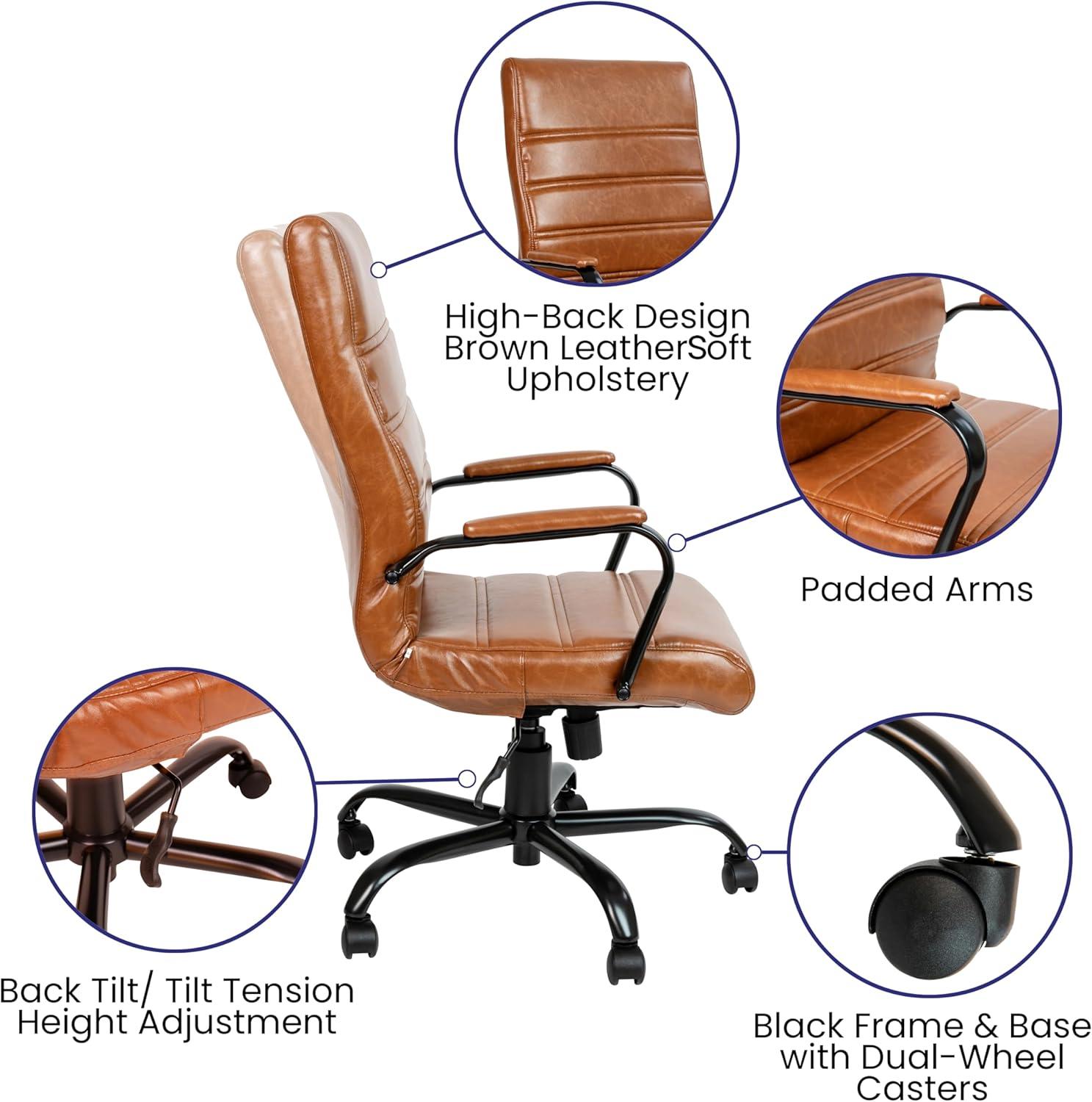 imageFlash Furniture Whitney HighBack Swivel LeatherSoft Desk Chair with Padded Seat and Armrests Adjustable Height Padded Office Chair BlackGoldBrown LeathersoftBlack Frame