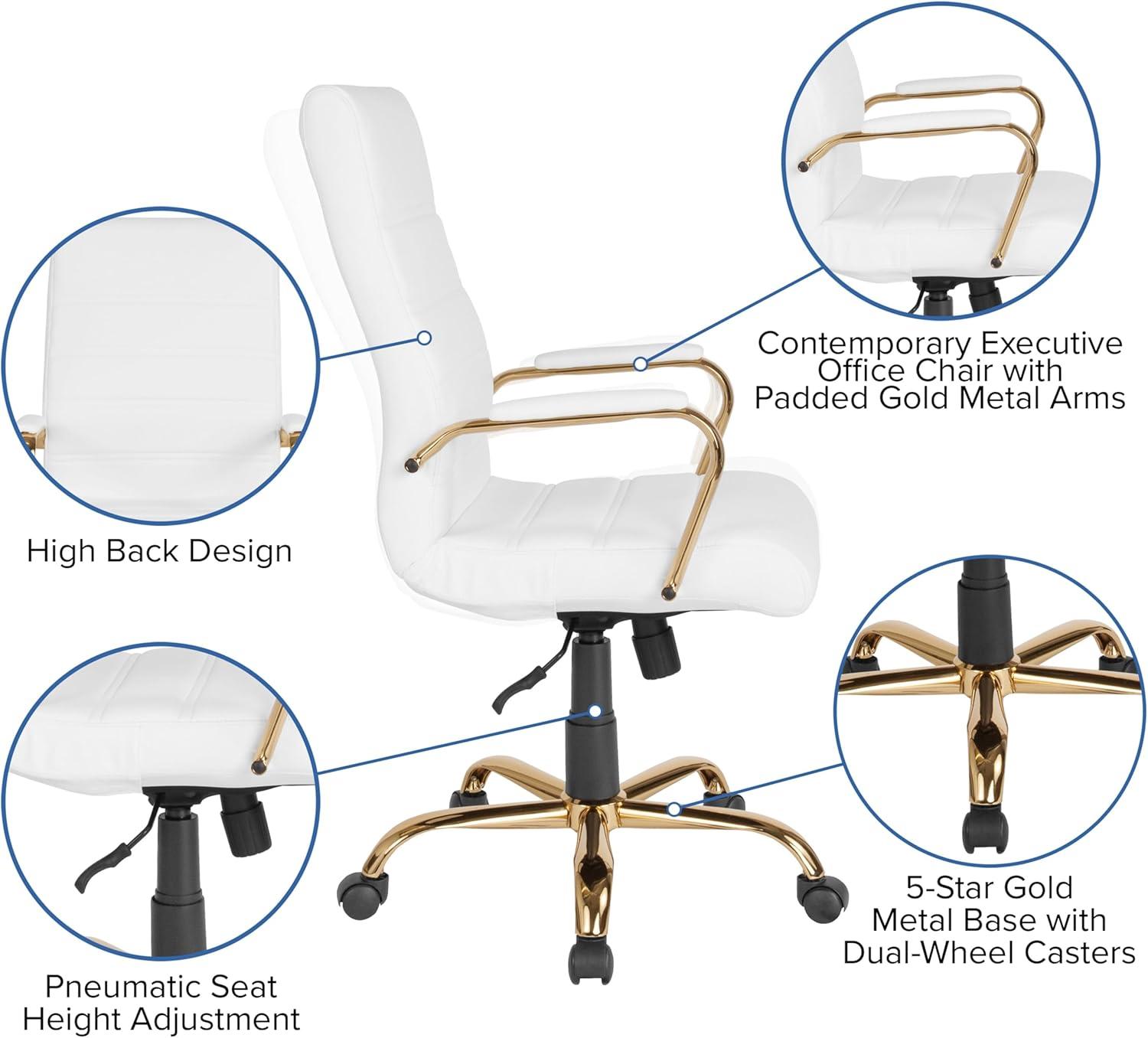 imageFlash Furniture Whitney HighBack Swivel LeatherSoft Desk Chair with Padded Seat and Armrests Adjustable Height Padded Office Chair BlackGoldWhite LeathersoftGold Frame