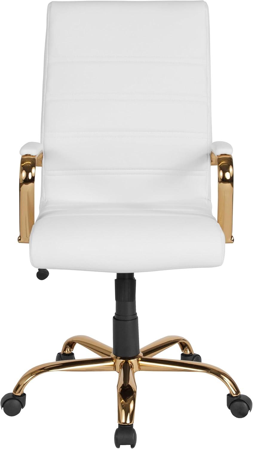 imageFlash Furniture Whitney HighBack Swivel LeatherSoft Desk Chair with Padded Seat and Armrests Adjustable Height Padded Office Chair BlackGoldWhite LeathersoftGold Frame
