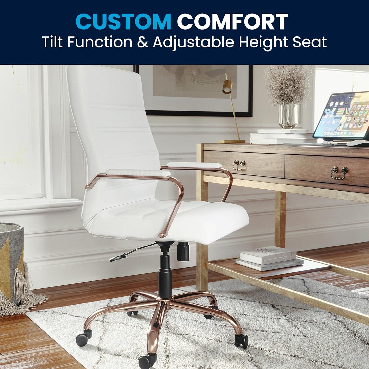 imageFlash Furniture Whitney HighBack Swivel LeatherSoft Desk Chair with Padded Seat and Armrests Adjustable Height Padded Office Chair BlackGoldWhite LeathersoftRose Gold Frame