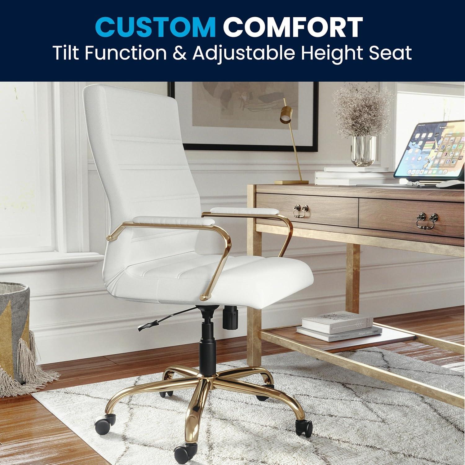 imageFlash Furniture Whitney HighBack Swivel LeatherSoft Desk Chair with Padded Seat and Armrests Adjustable Height Padded Office Chair BlackGoldWhite LeathersoftGold Frame