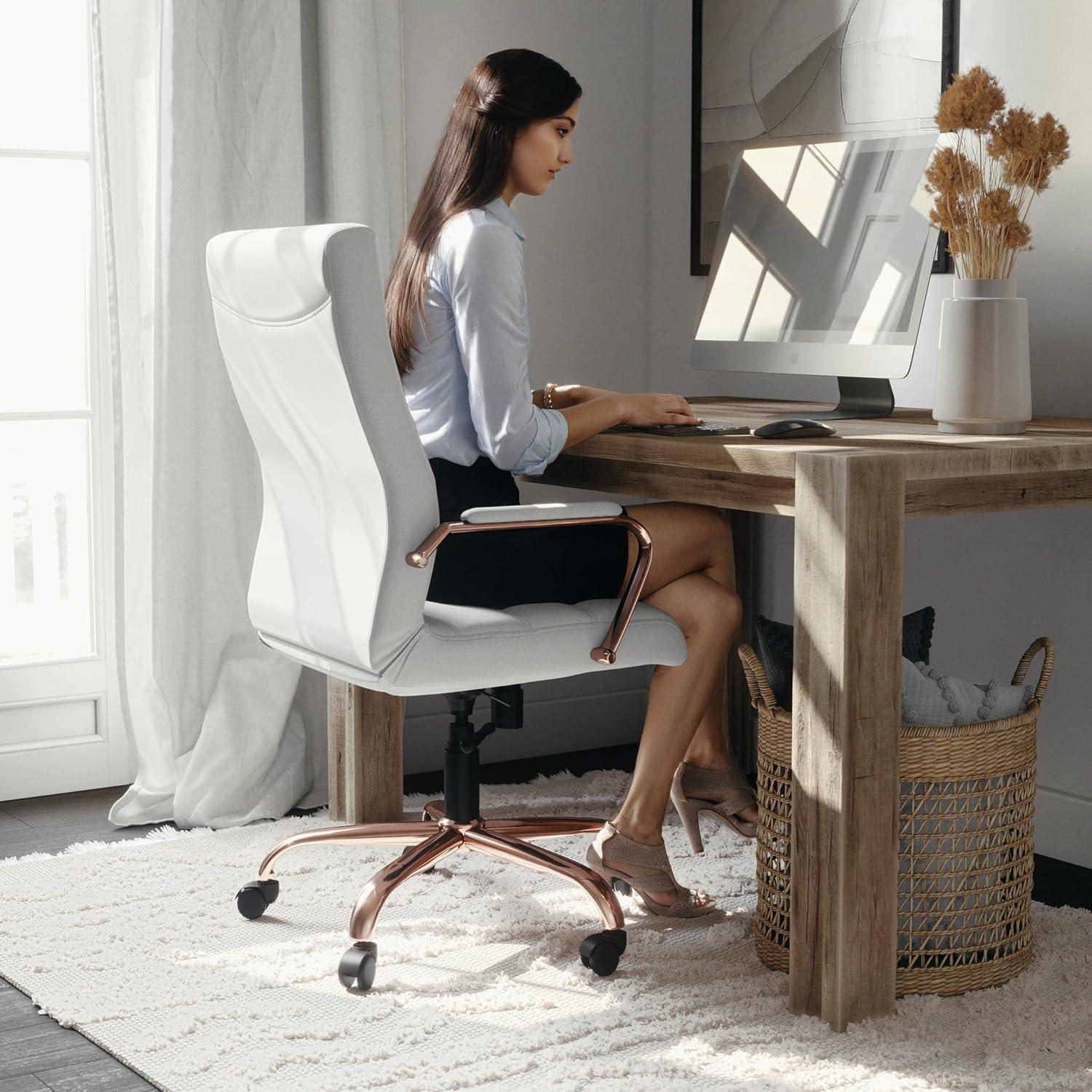 imageFlash Furniture Whitney HighBack Swivel LeatherSoft Desk Chair with Padded Seat and Armrests Adjustable Height Padded Office Chair BlackGoldWhite LeathersoftRose Gold Frame