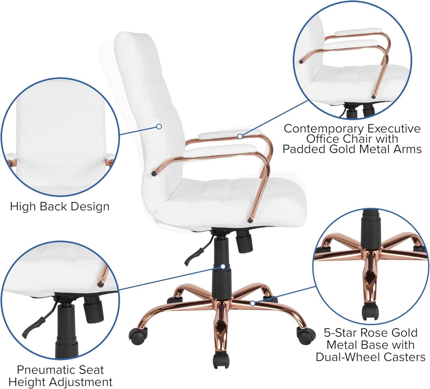 imageFlash Furniture Whitney HighBack Swivel LeatherSoft Desk Chair with Padded Seat and Armrests Adjustable Height Padded Office Chair BlackGoldWhite LeathersoftRose Gold Frame
