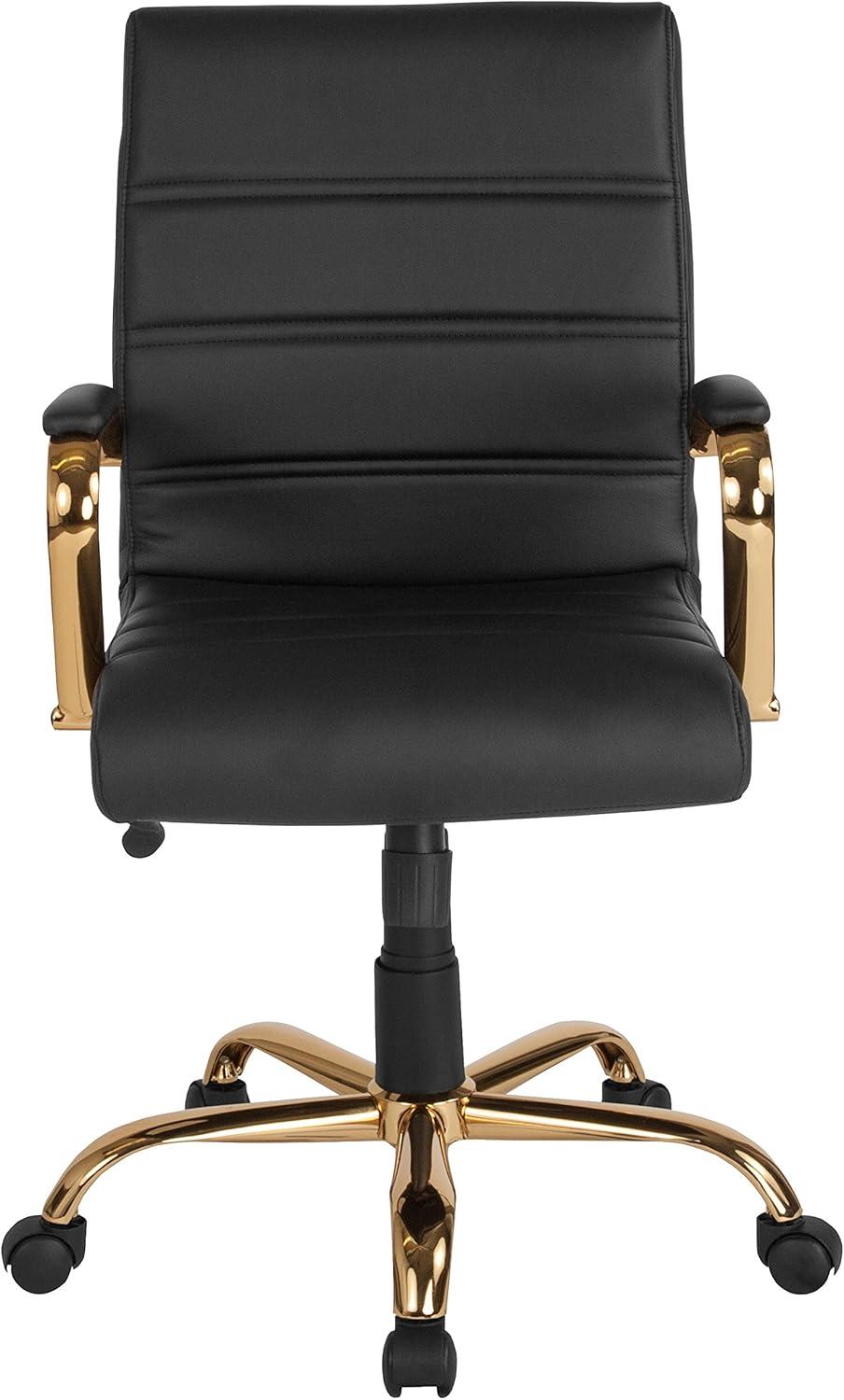 imageFlash Furniture Whitney MidBack Swivel LeatherSoft Desk Chair with Padded Seat and Armrests Adjustable Height Padded Office Chair BlackBlack LeathersoftGold Frame