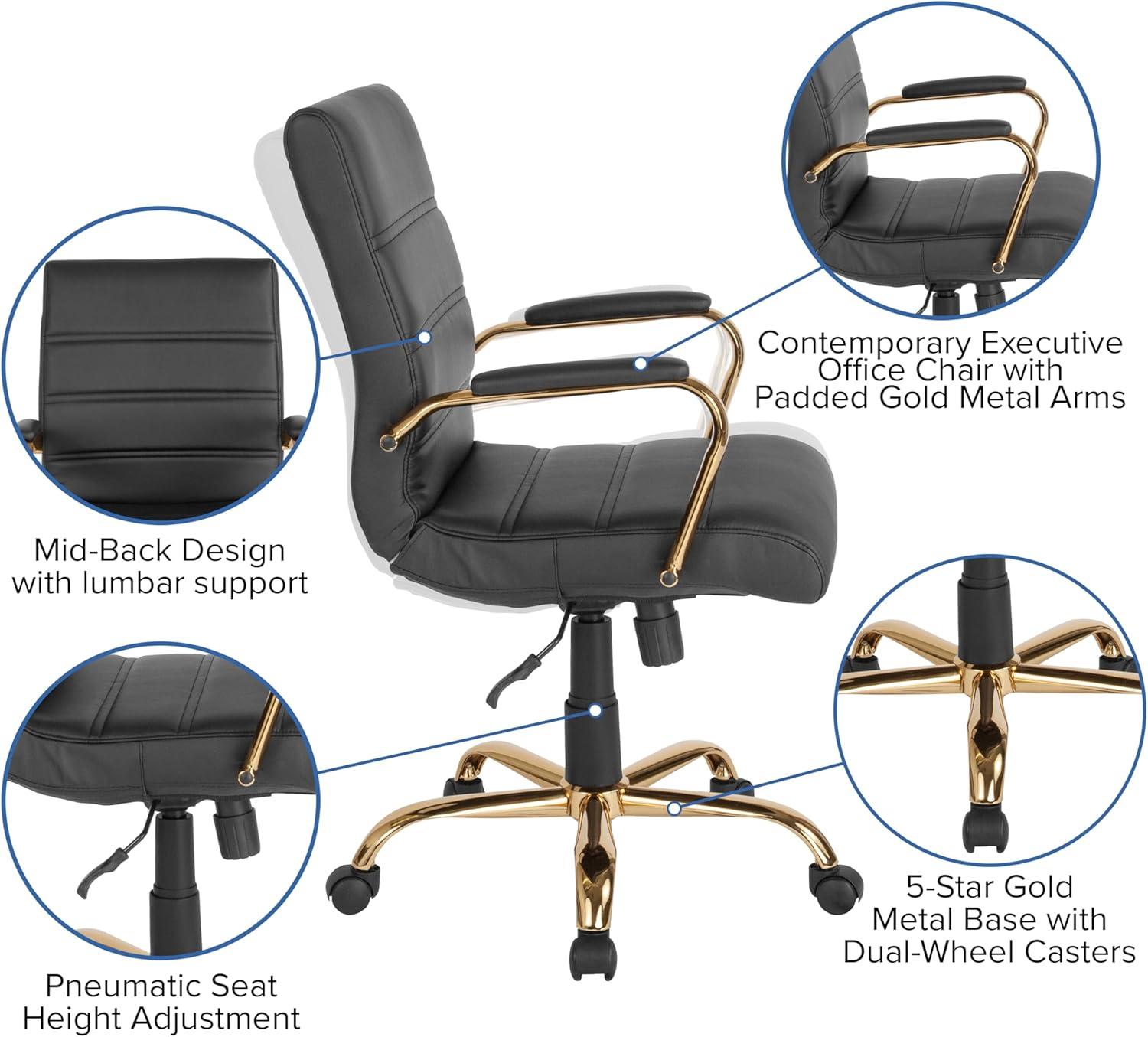 imageFlash Furniture Whitney MidBack Swivel LeatherSoft Desk Chair with Padded Seat and Armrests Adjustable Height Padded Office Chair BlackBlack LeathersoftGold Frame