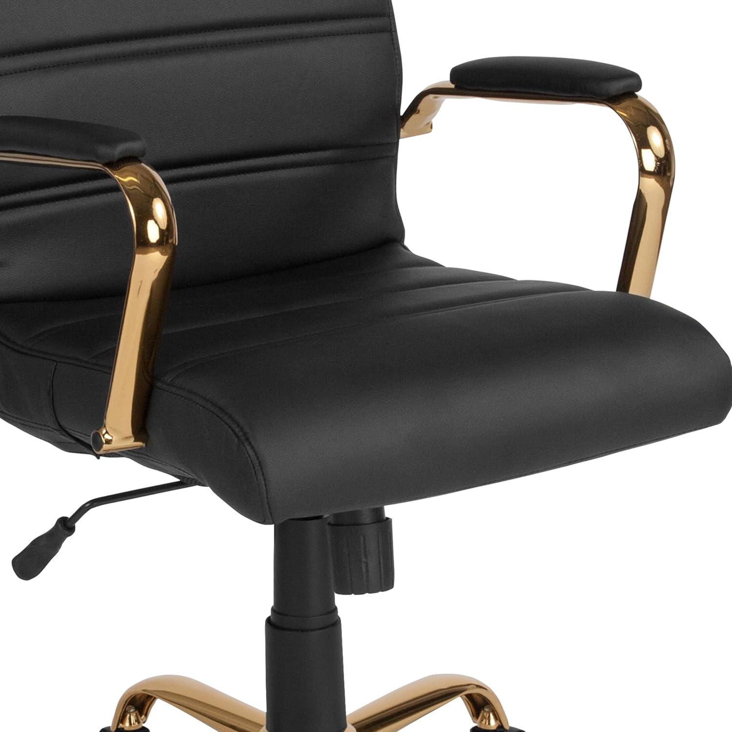 imageFlash Furniture Whitney MidBack Swivel LeatherSoft Desk Chair with Padded Seat and Armrests Adjustable Height Padded Office Chair BlackBlack LeathersoftGold Frame