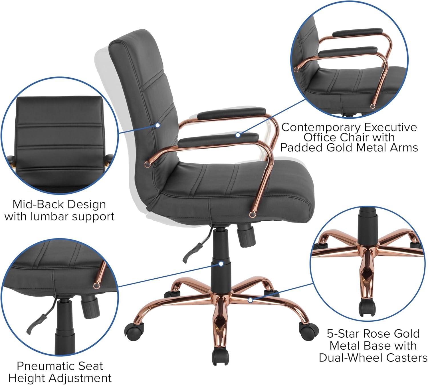 imageFlash Furniture Whitney MidBack Swivel LeatherSoft Desk Chair with Padded Seat and Armrests Adjustable Height Padded Office Chair BlackBlack LeathersoftRose Gold Frame