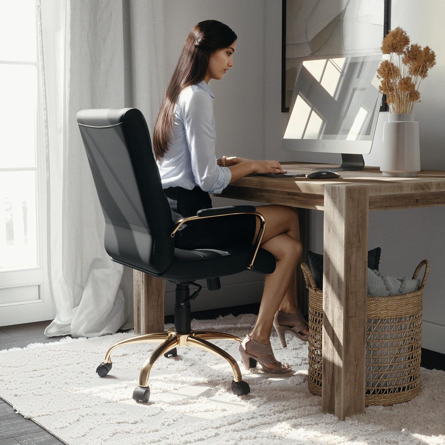 imageFlash Furniture Whitney MidBack Swivel LeatherSoft Desk Chair with Padded Seat and Armrests Adjustable Height Padded Office Chair BlackBlack LeathersoftGold Frame