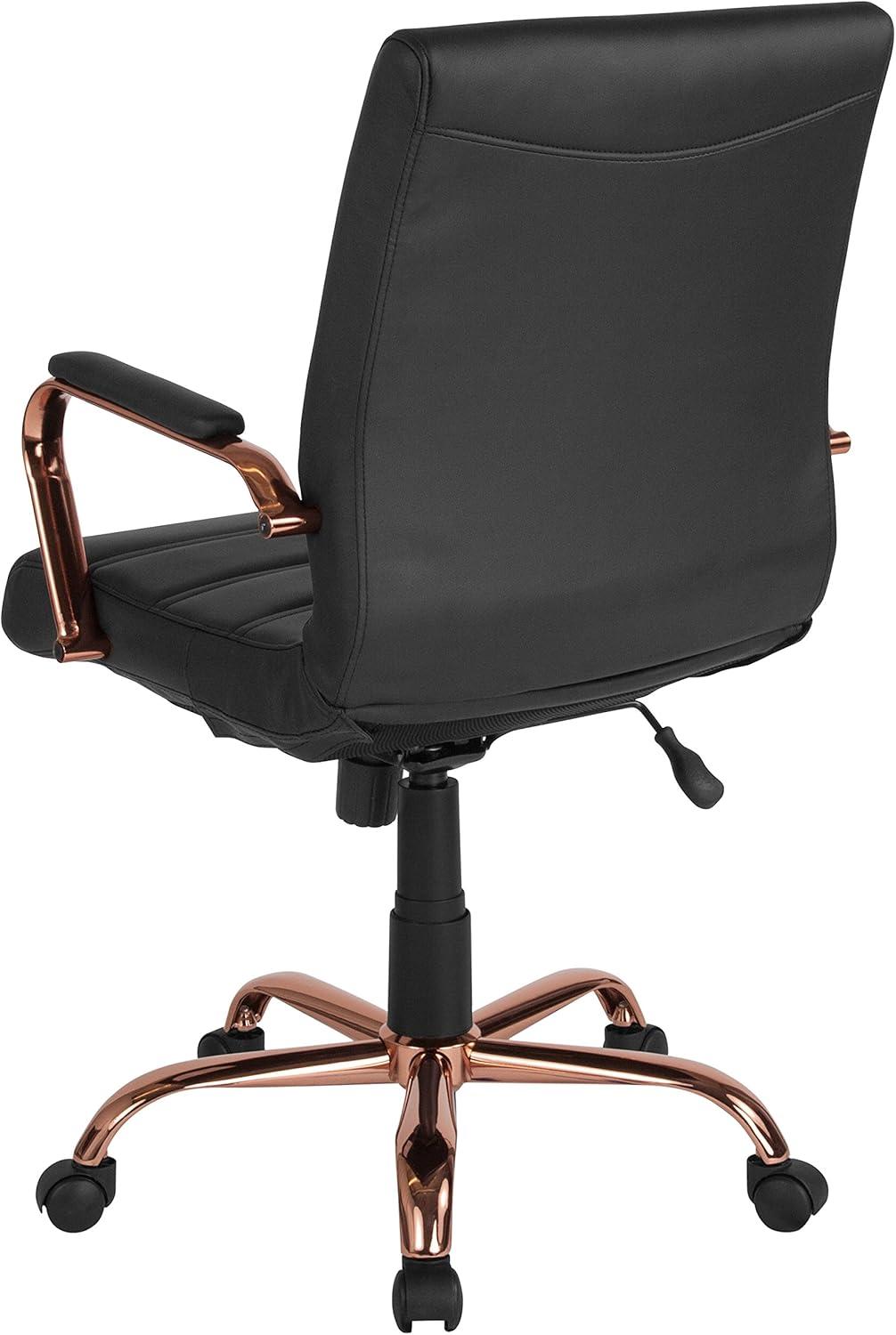 imageFlash Furniture Whitney MidBack Swivel LeatherSoft Desk Chair with Padded Seat and Armrests Adjustable Height Padded Office Chair BlackBlack LeathersoftRose Gold Frame