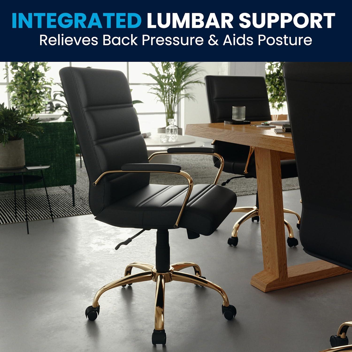imageFlash Furniture Whitney MidBack Swivel LeatherSoft Desk Chair with Padded Seat and Armrests Adjustable Height Padded Office Chair BlackBlack LeathersoftGold Frame