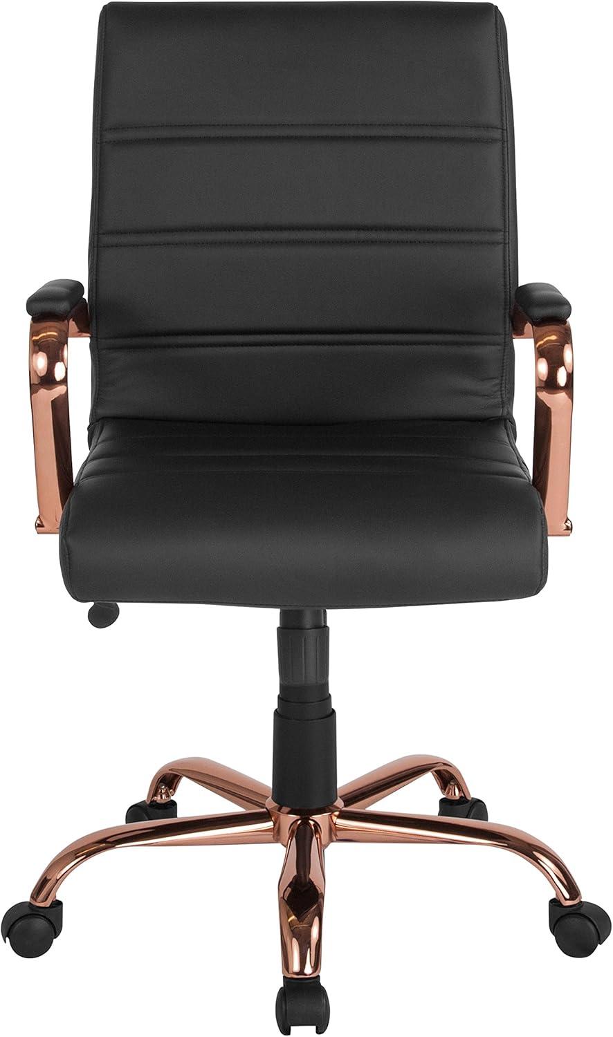 imageFlash Furniture Whitney MidBack Swivel LeatherSoft Desk Chair with Padded Seat and Armrests Adjustable Height Padded Office Chair BlackBlack LeathersoftRose Gold Frame