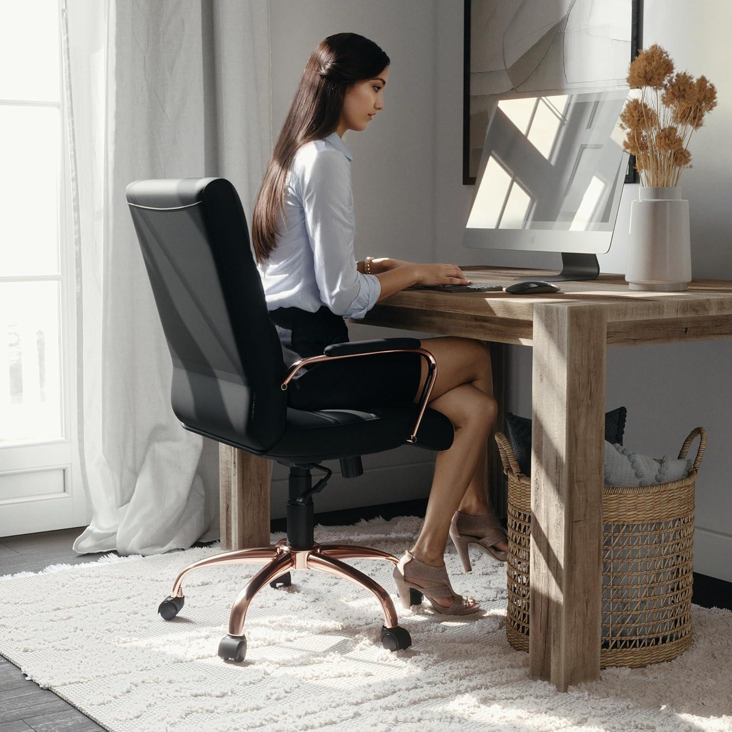 imageFlash Furniture Whitney MidBack Swivel LeatherSoft Desk Chair with Padded Seat and Armrests Adjustable Height Padded Office Chair BlackBlack LeathersoftRose Gold Frame