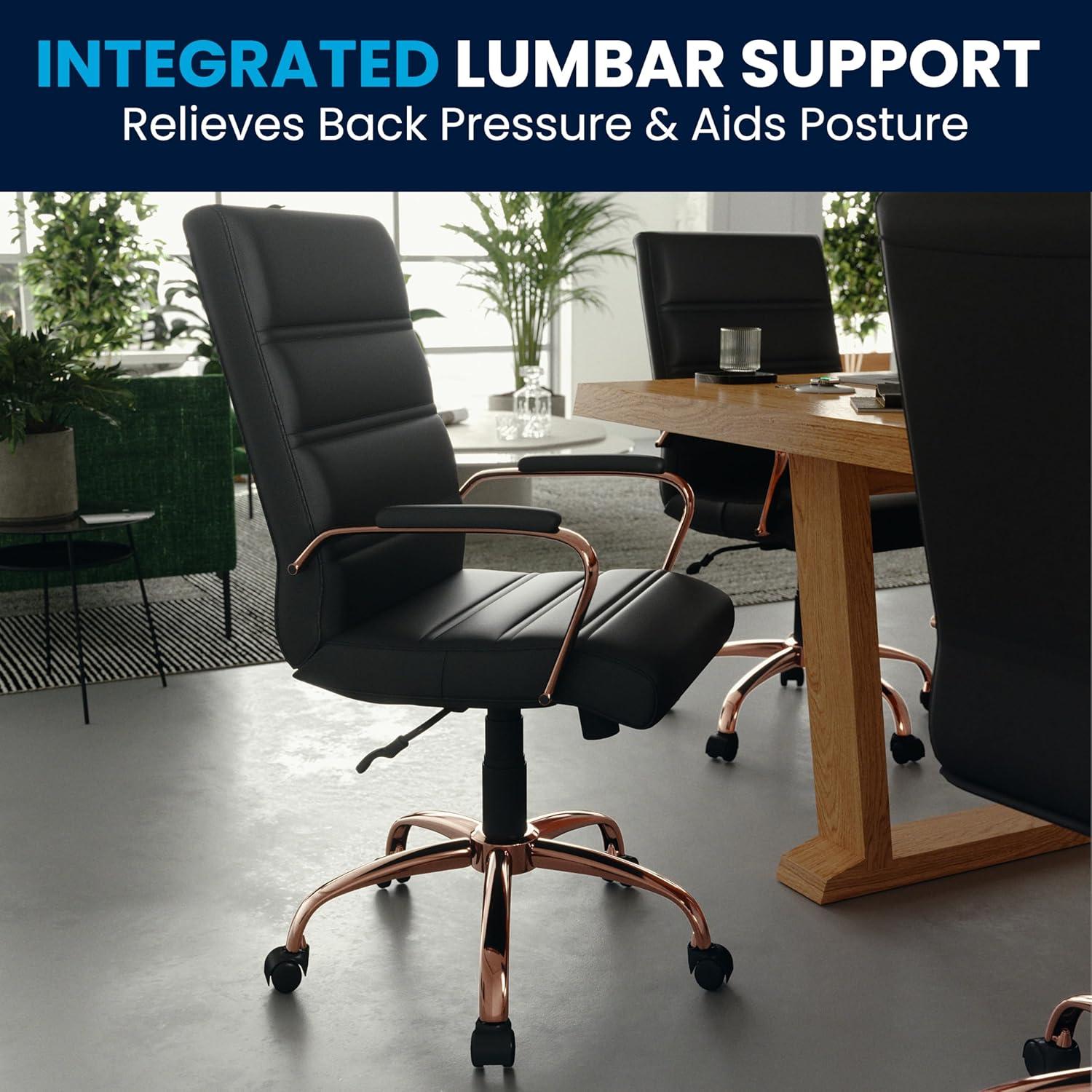 imageFlash Furniture Whitney MidBack Swivel LeatherSoft Desk Chair with Padded Seat and Armrests Adjustable Height Padded Office Chair BlackBlack LeathersoftRose Gold Frame