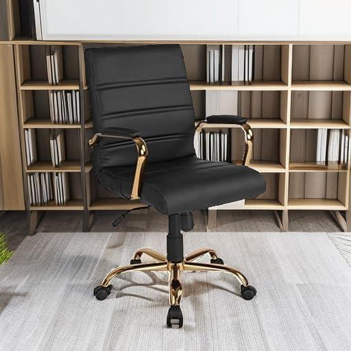 imageFlash Furniture Whitney MidBack Swivel LeatherSoft Desk Chair with Padded Seat and Armrests Adjustable Height Padded Office Chair BlackBlack LeathersoftGold Frame