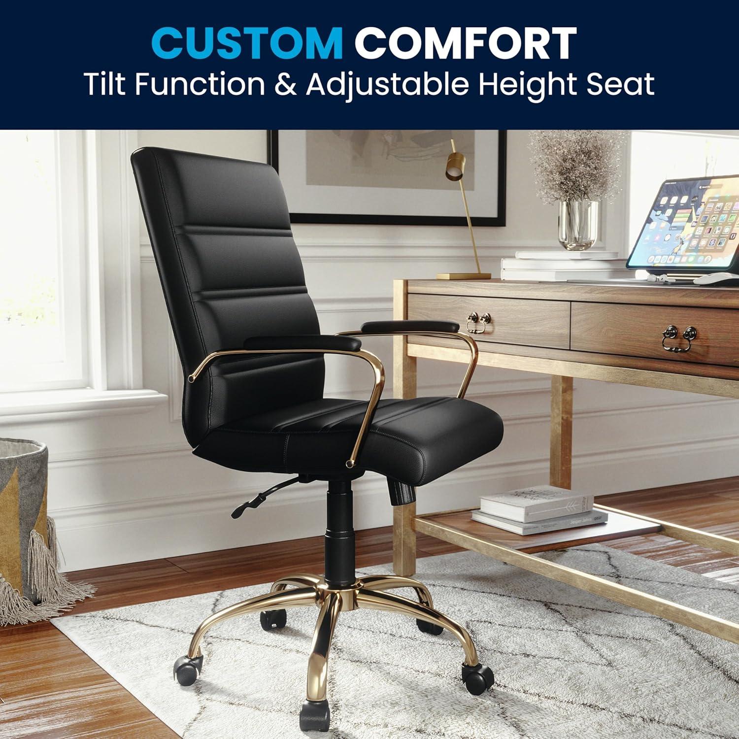 imageFlash Furniture Whitney MidBack Swivel LeatherSoft Desk Chair with Padded Seat and Armrests Adjustable Height Padded Office Chair BlackBlack LeathersoftGold Frame
