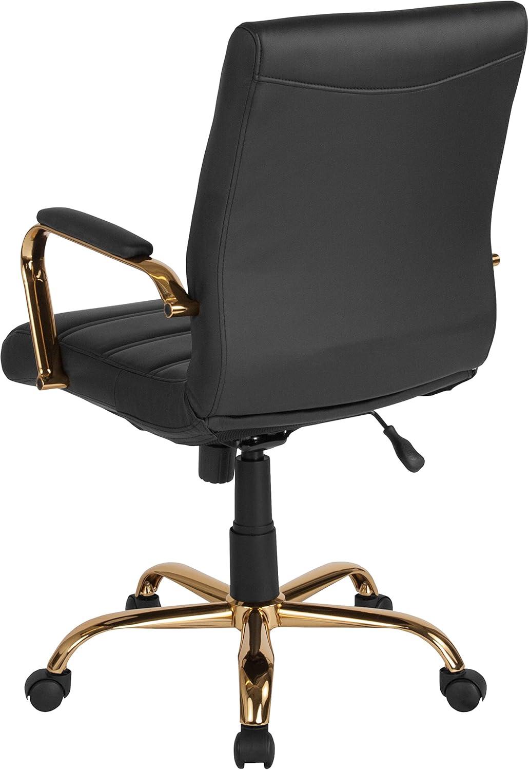 imageFlash Furniture Whitney MidBack Swivel LeatherSoft Desk Chair with Padded Seat and Armrests Adjustable Height Padded Office Chair BlackBlack LeathersoftGold Frame