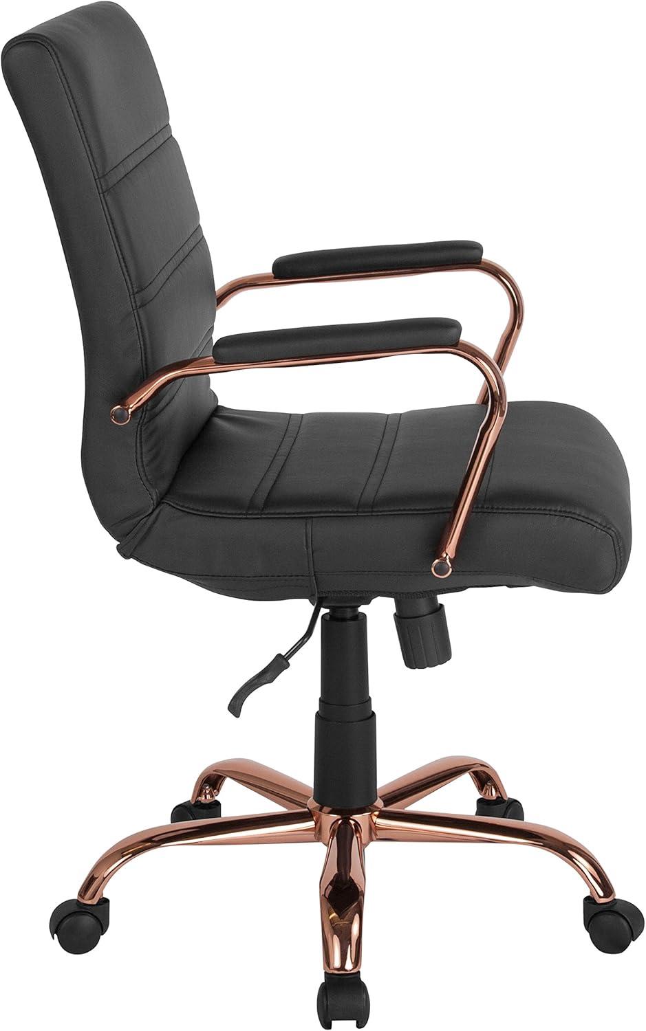 imageFlash Furniture Whitney MidBack Swivel LeatherSoft Desk Chair with Padded Seat and Armrests Adjustable Height Padded Office Chair BlackBlack LeathersoftRose Gold Frame