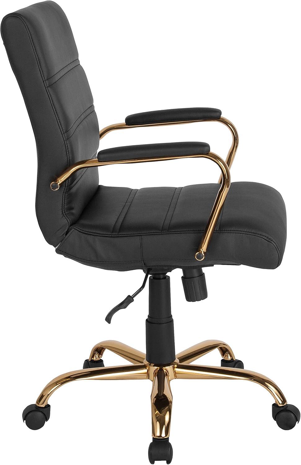 imageFlash Furniture Whitney MidBack Swivel LeatherSoft Desk Chair with Padded Seat and Armrests Adjustable Height Padded Office Chair BlackBlack LeathersoftGold Frame