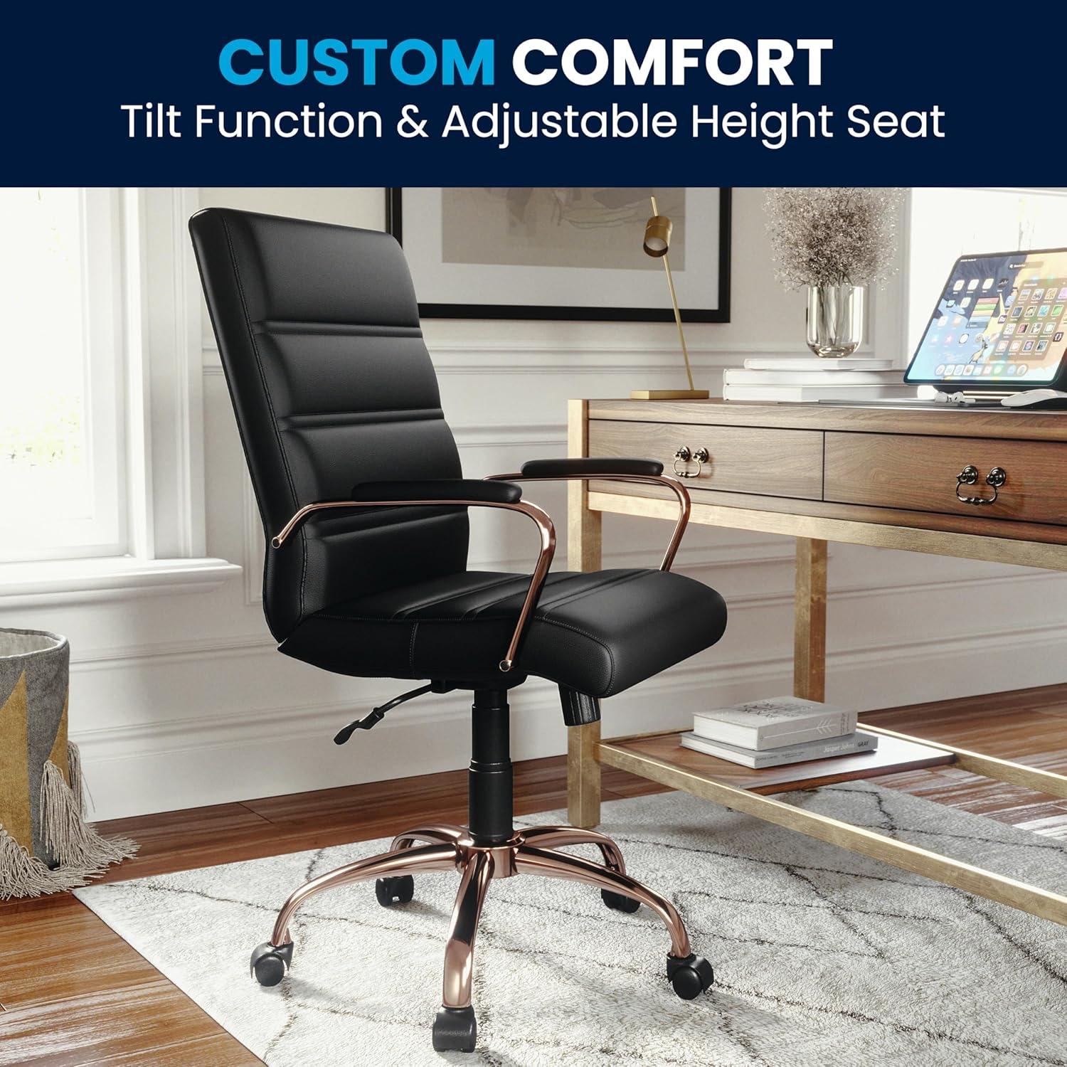 imageFlash Furniture Whitney MidBack Swivel LeatherSoft Desk Chair with Padded Seat and Armrests Adjustable Height Padded Office Chair BlackBlack LeathersoftRose Gold Frame