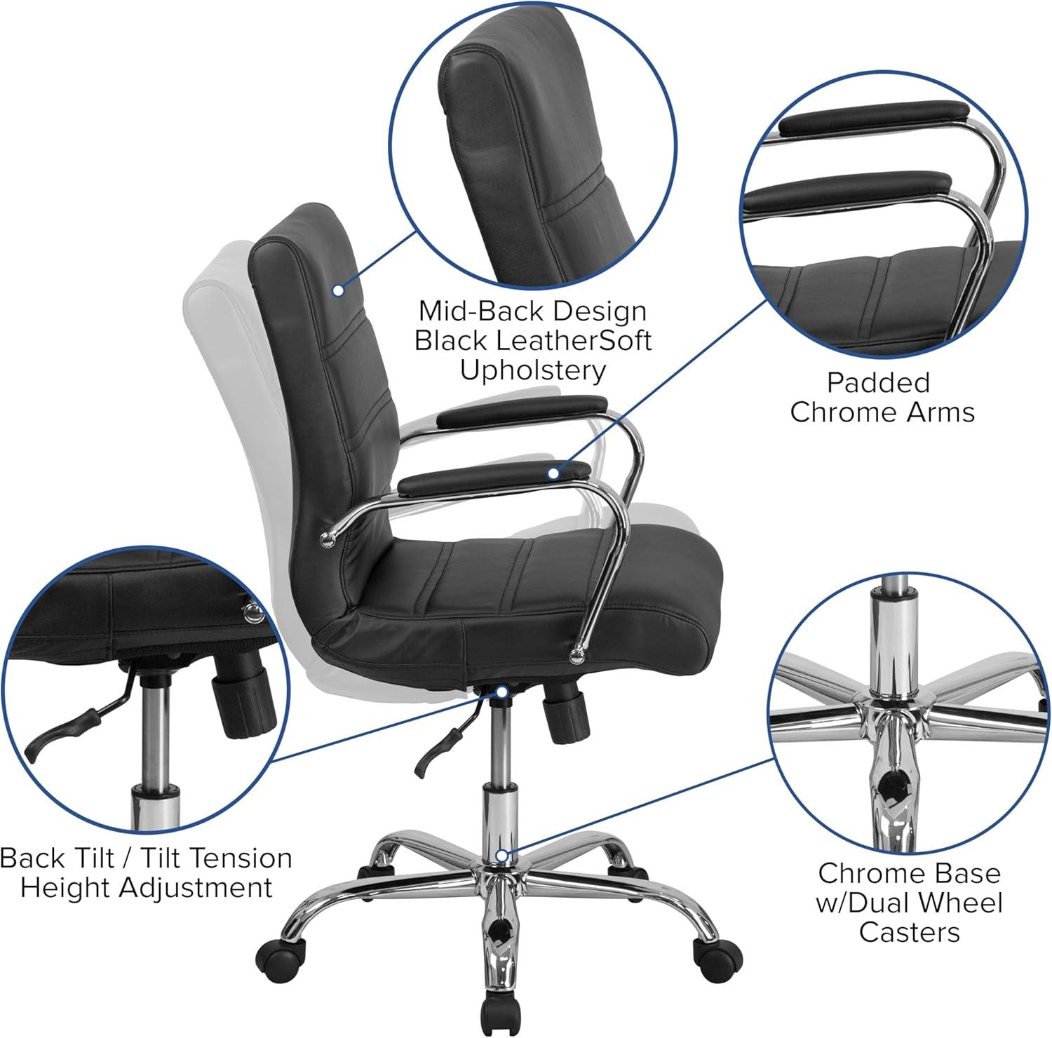 imageFlash Furniture Whitney MidBack Swivel LeatherSoft Desk Chair with Padded Seat and Armrests Adjustable Height Padded Office Chair BlackBlack LeathersoftChrome Frame