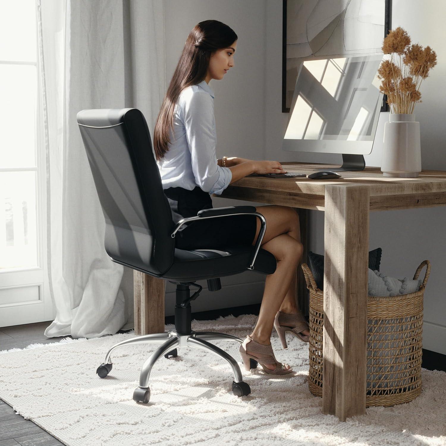 imageFlash Furniture Whitney MidBack Swivel LeatherSoft Desk Chair with Padded Seat and Armrests Adjustable Height Padded Office Chair BlackBlack LeathersoftChrome Frame