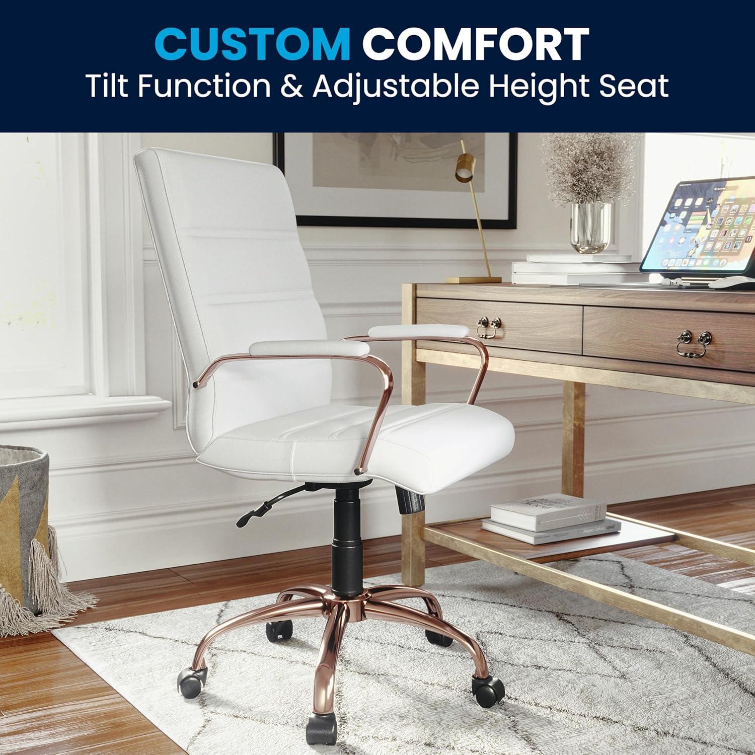 imageFlash Furniture Whitney MidBack Swivel LeatherSoft Desk Chair with Padded Seat and Armrests Adjustable Height Padded Office Chair BlackWhite LeathersoftRose Gold Frame