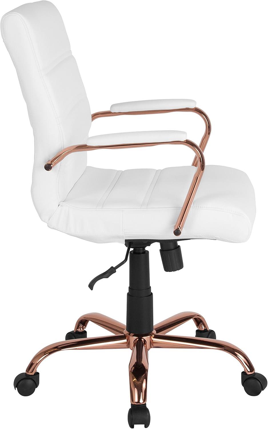 imageFlash Furniture Whitney MidBack Swivel LeatherSoft Desk Chair with Padded Seat and Armrests Adjustable Height Padded Office Chair BlackWhite LeathersoftRose Gold Frame