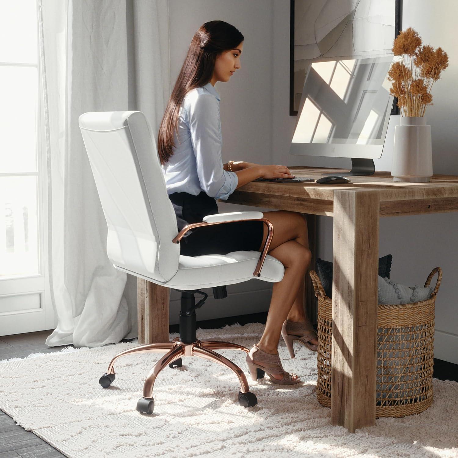 imageFlash Furniture Whitney MidBack Swivel LeatherSoft Desk Chair with Padded Seat and Armrests Adjustable Height Padded Office Chair BlackWhite LeathersoftRose Gold Frame