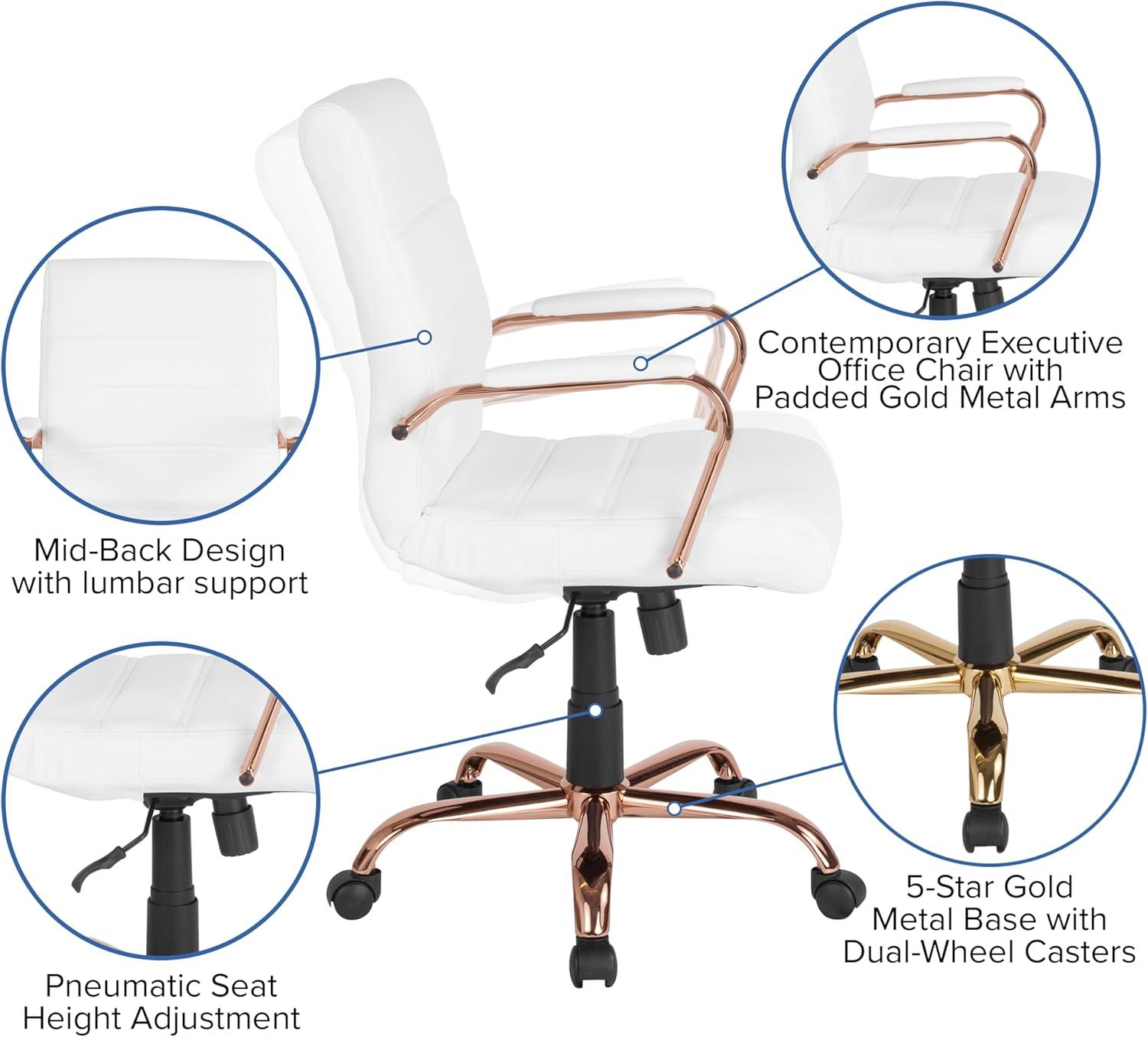 imageFlash Furniture Whitney MidBack Swivel LeatherSoft Desk Chair with Padded Seat and Armrests Adjustable Height Padded Office Chair BlackWhite LeathersoftRose Gold Frame