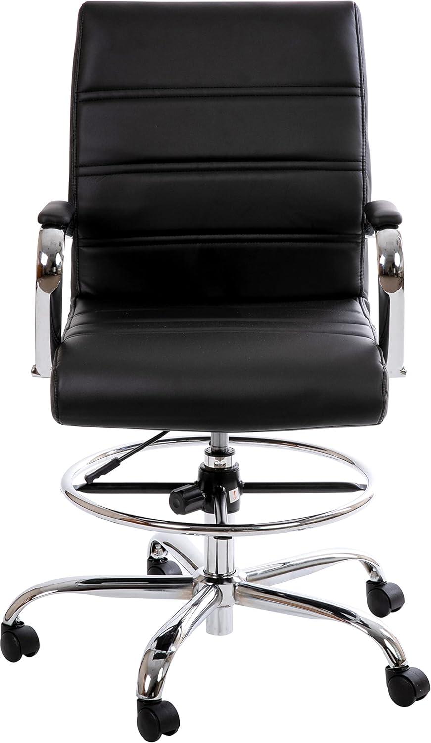 imageFlash Furniture Whitney MidBack Swivel LeatherSoft Drafting Chair with Padded Seat Armrests and Foot Ring Adjustable Office Chair WhiteChromeBlack