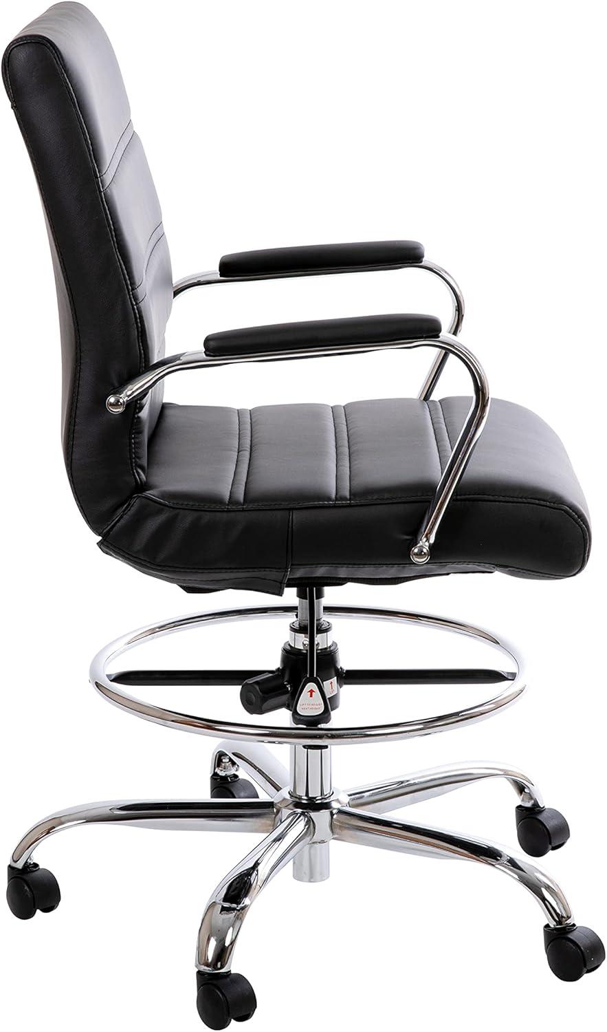 imageFlash Furniture Whitney MidBack Swivel LeatherSoft Drafting Chair with Padded Seat Armrests and Foot Ring Adjustable Office Chair WhiteChromeBlack