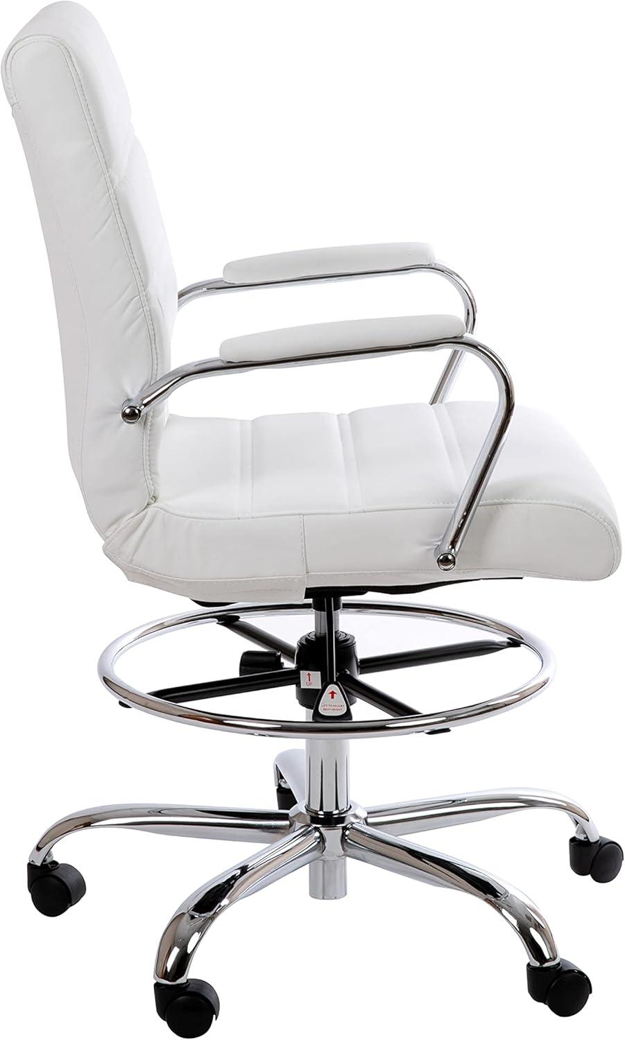 imageFlash Furniture Whitney MidBack Swivel LeatherSoft Drafting Chair with Padded Seat Armrests and Foot Ring Adjustable Office Chair WhiteChromeWhite