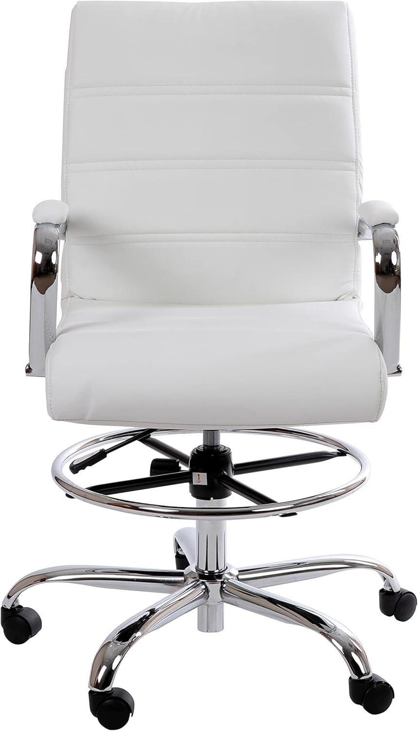 imageFlash Furniture Whitney MidBack Swivel LeatherSoft Drafting Chair with Padded Seat Armrests and Foot Ring Adjustable Office Chair WhiteChromeWhite