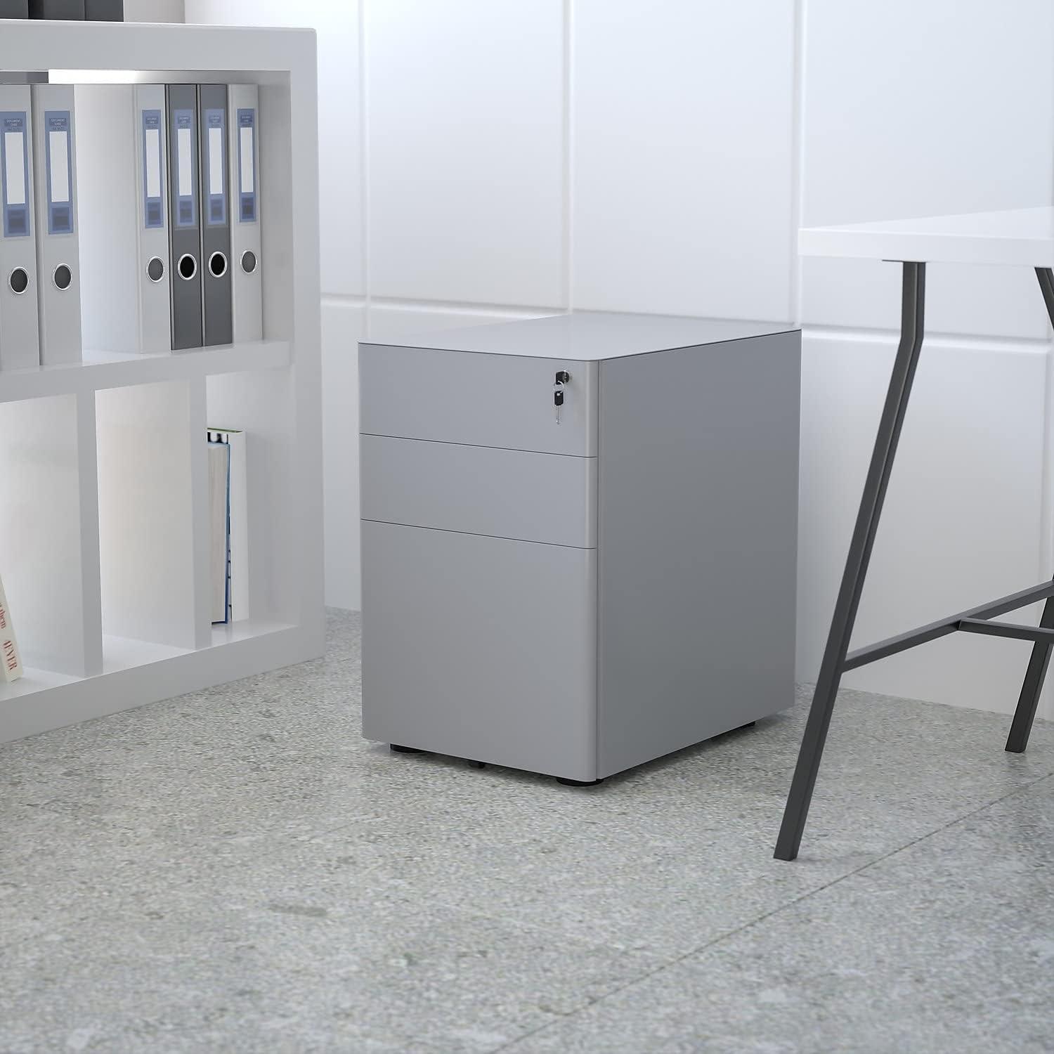 imageFlash Furniture Wren Ergonomic 3Drawer Mobile Locking Filing Cabinet with AntiTilt Mechanism ampamp LetterLegal Drawer White with Red FaceplateGrey
