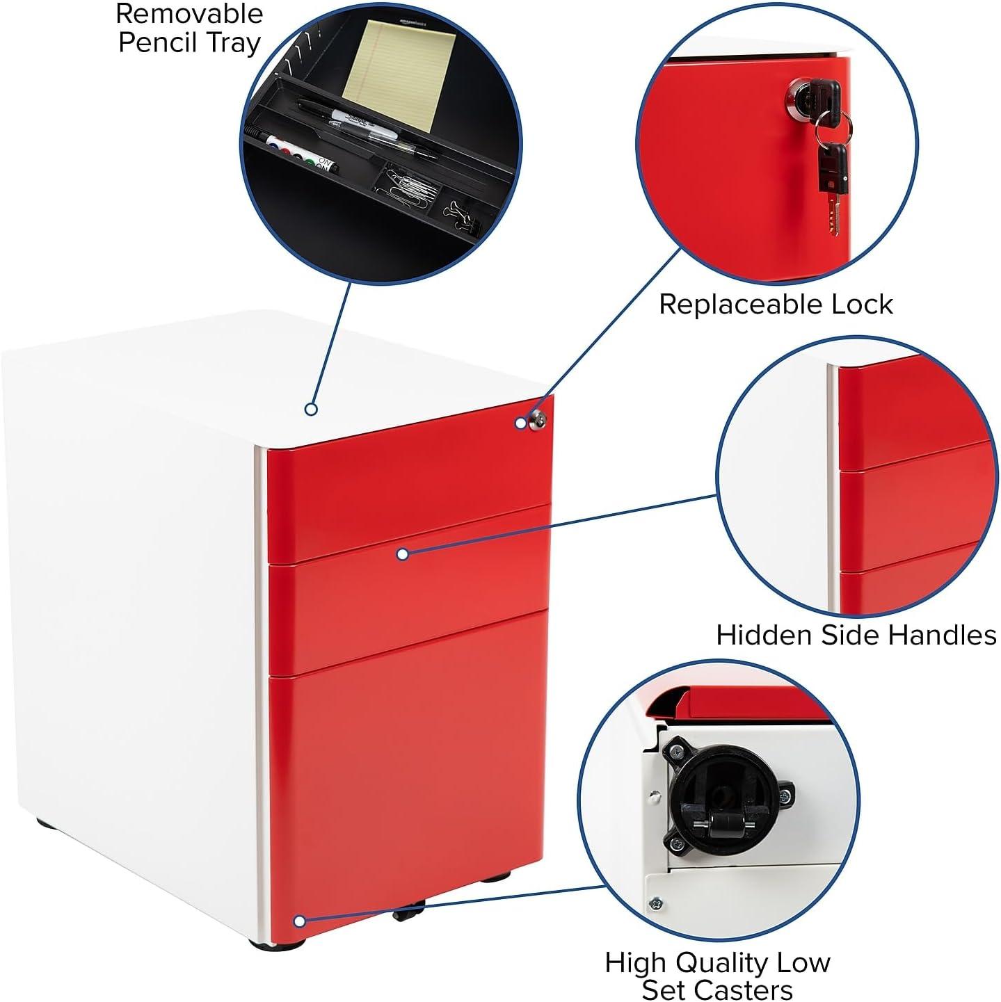 imageFlash Furniture Wren Ergonomic 3Drawer Mobile Locking Filing Cabinet with AntiTilt Mechanism ampamp LetterLegal Drawer White with Red FaceplateWhite and Red