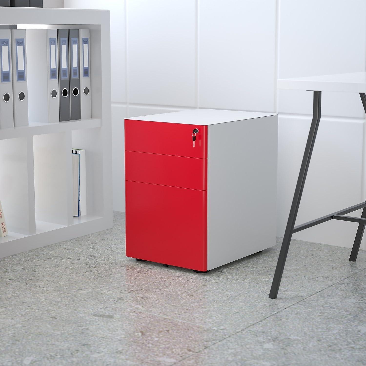 imageFlash Furniture Wren Ergonomic 3Drawer Mobile Locking Filing Cabinet with AntiTilt Mechanism ampamp LetterLegal Drawer White with Red FaceplateWhite and Red