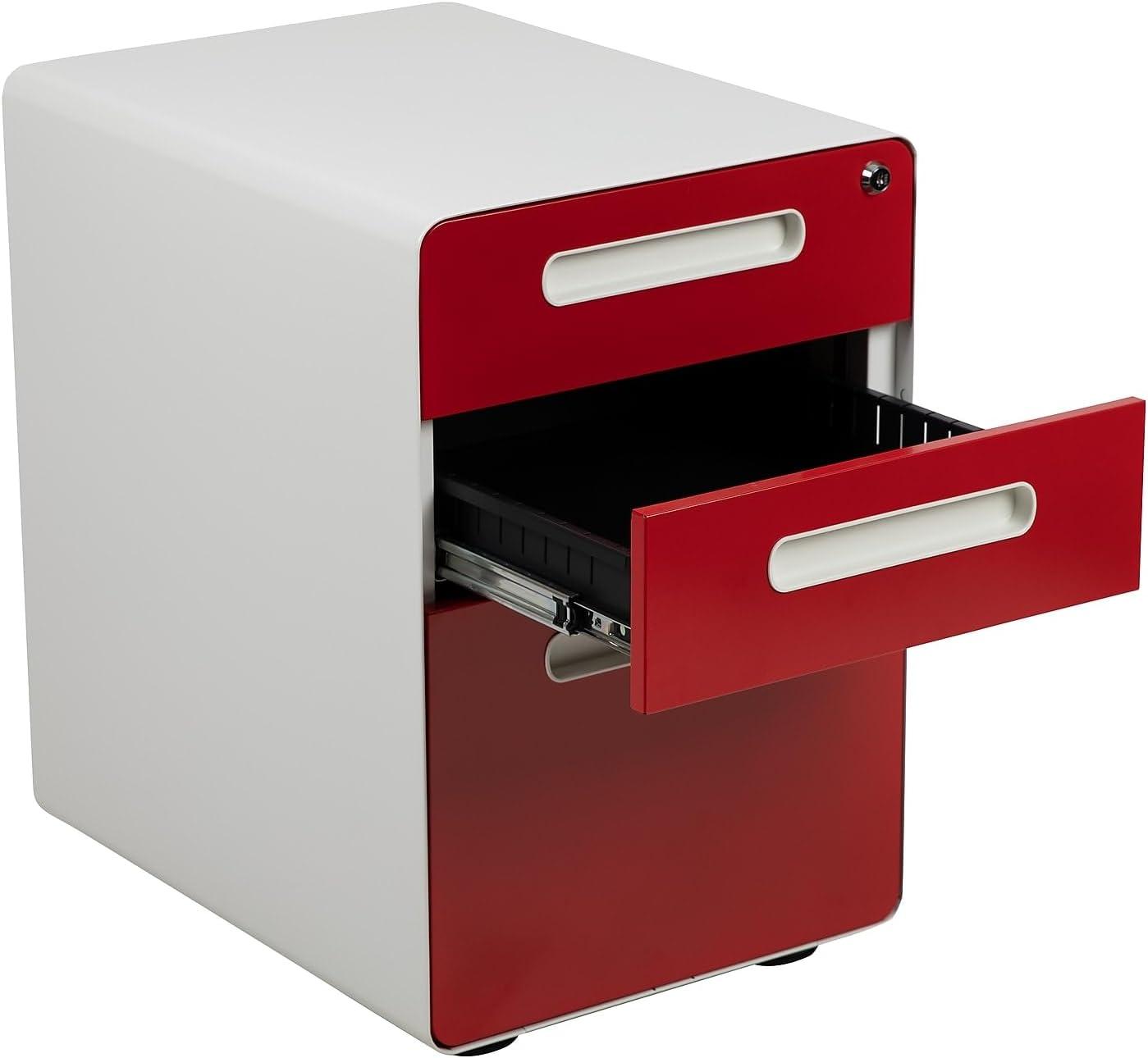 imageFlash Furniture Wren Ergonomic 3Drawer Mobile Locking Filing Cabinet with AntiTilt Mechanism ampamp LetterLegal Drawer White with Red FaceplateWhite and Red