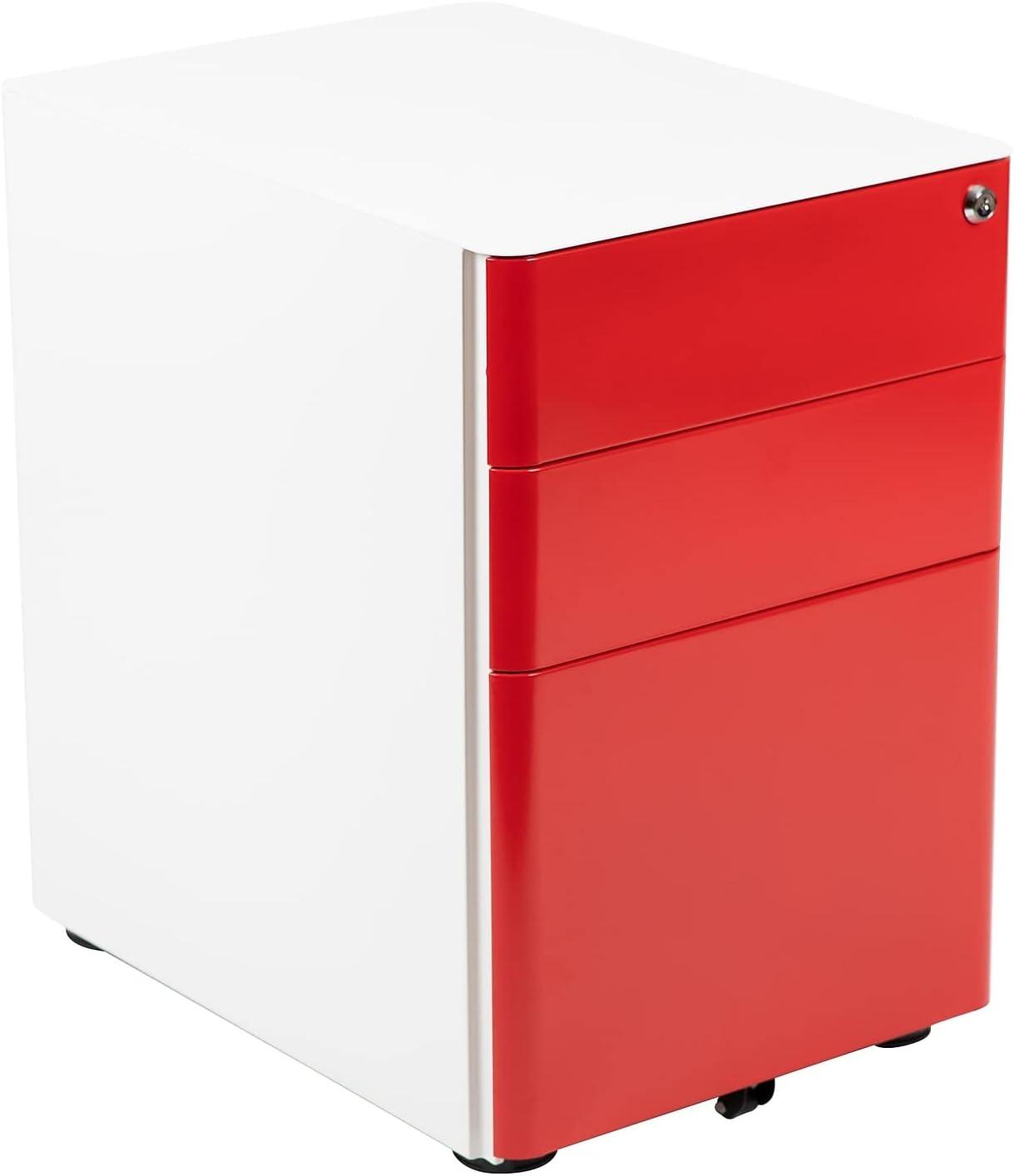 imageFlash Furniture Wren Ergonomic 3Drawer Mobile Locking Filing Cabinet with AntiTilt Mechanism ampamp LetterLegal Drawer White with Red FaceplateWhite and Red