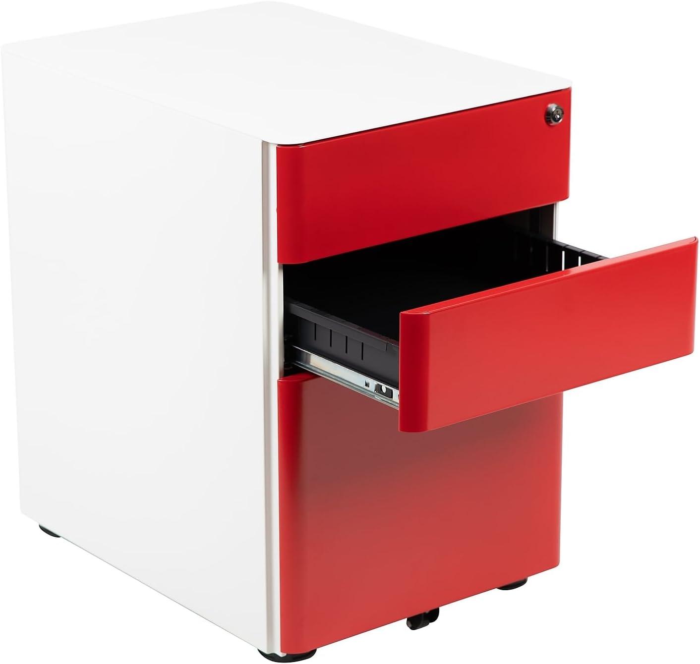 imageFlash Furniture Wren Ergonomic 3Drawer Mobile Locking Filing Cabinet with AntiTilt Mechanism ampamp LetterLegal Drawer White with Red FaceplateWhite and Red
