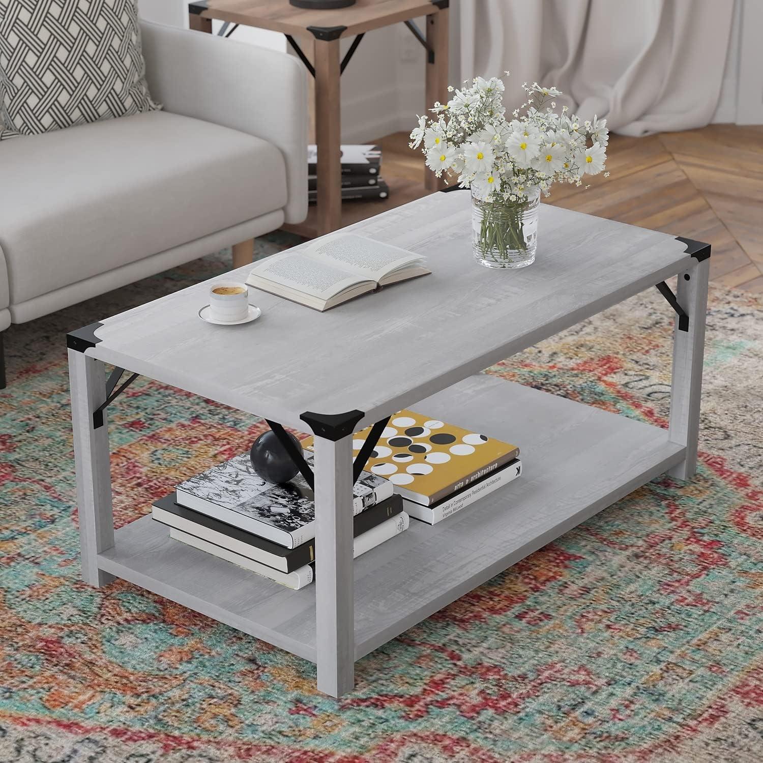 imageFlash Furniture Wyatt Modern Farmhouse 2 Tier Coffee Table Rustic Oak Engineered Wood Frame Black Metal Crisscross Side Braces and Corner AccentsAspen Gray