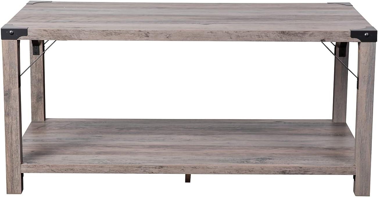 imageFlash Furniture Wyatt Modern Farmhouse 2 Tier Coffee Table Rustic Oak Engineered Wood Frame Black Metal Crisscross Side Braces and Corner AccentsGray Wash