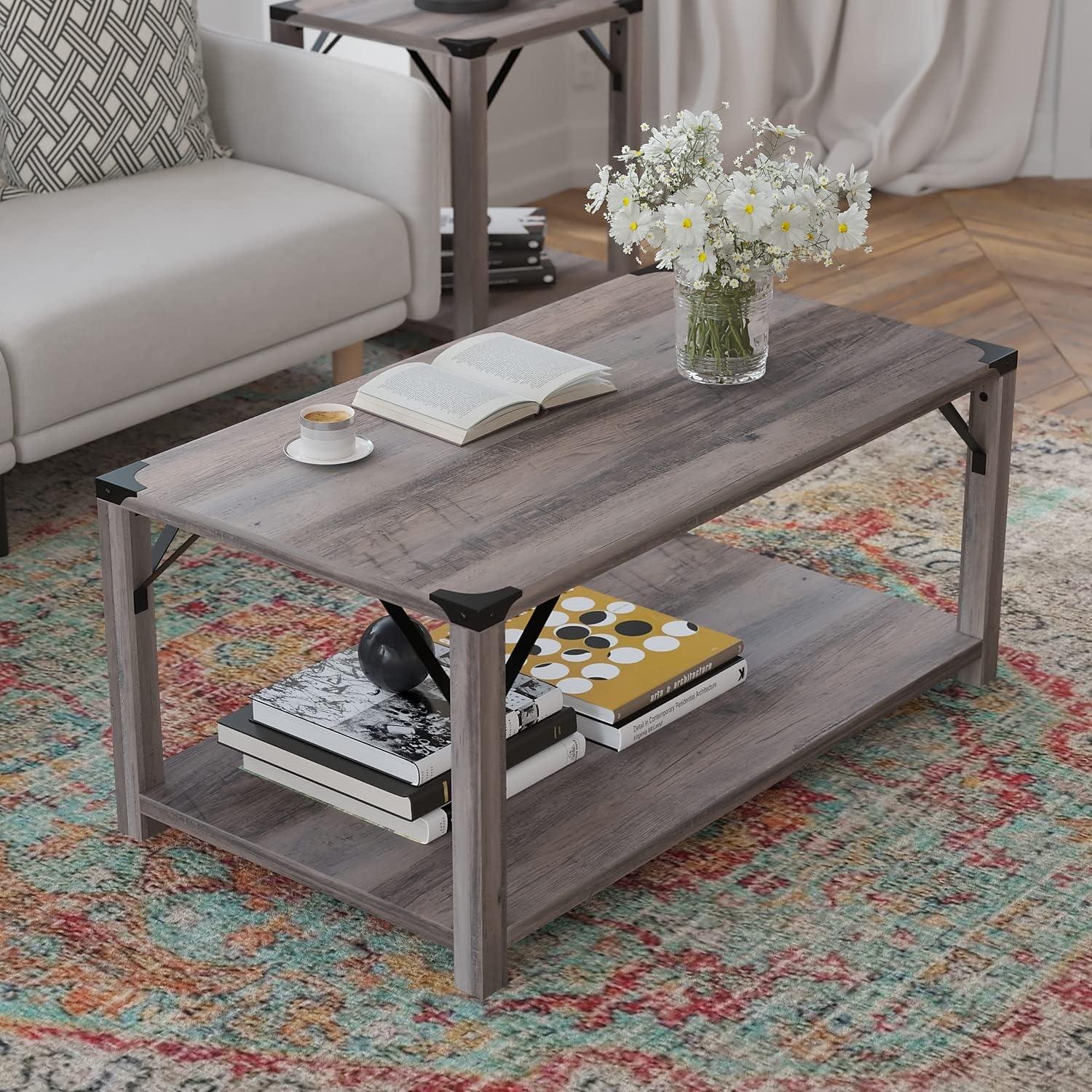 imageFlash Furniture Wyatt Modern Farmhouse 2 Tier Coffee Table Rustic Oak Engineered Wood Frame Black Metal Crisscross Side Braces and Corner AccentsGray Wash